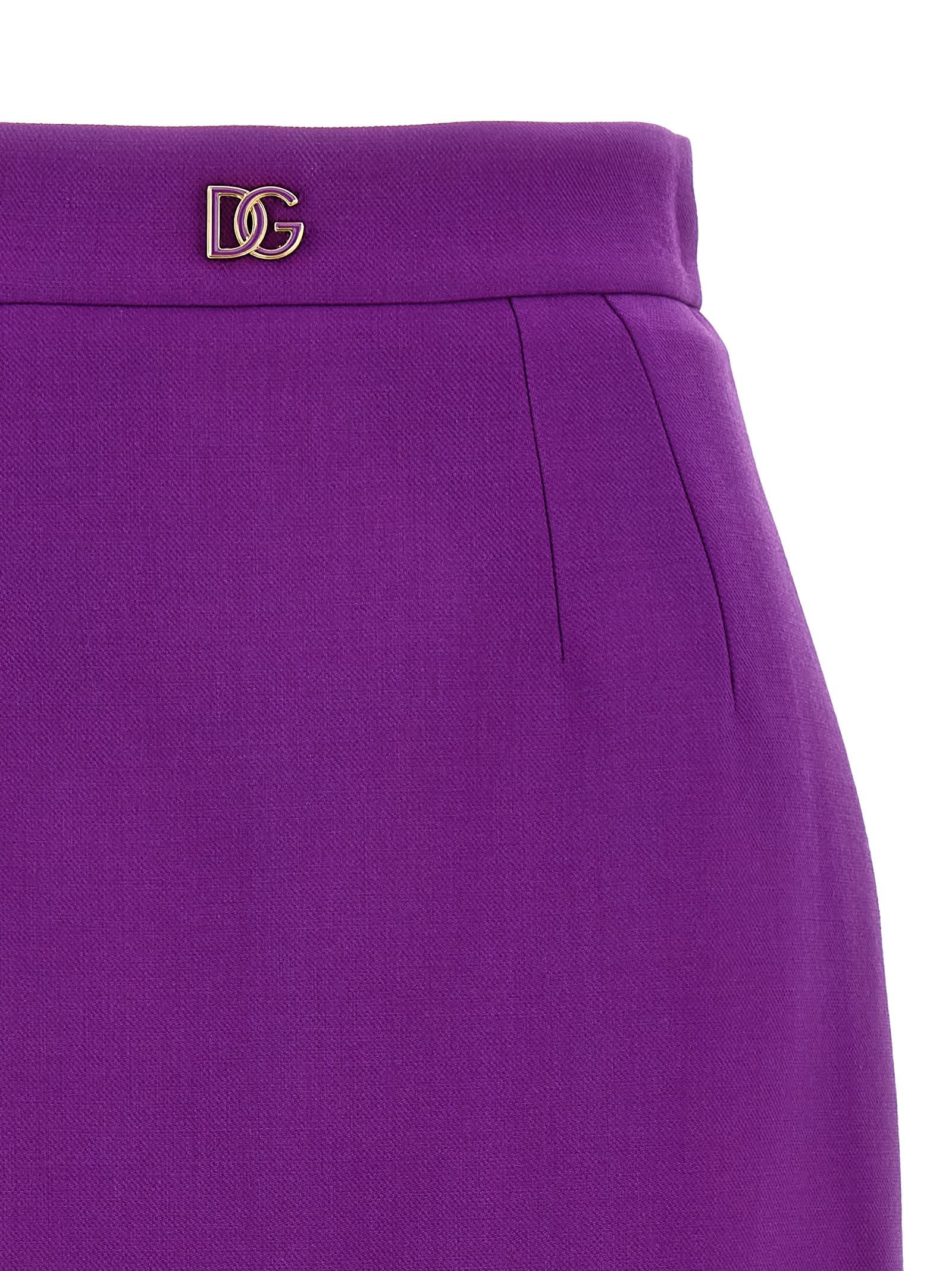 Dolce & Gabbana Metallic Logo Skirt Front Slit High Waist In Purple