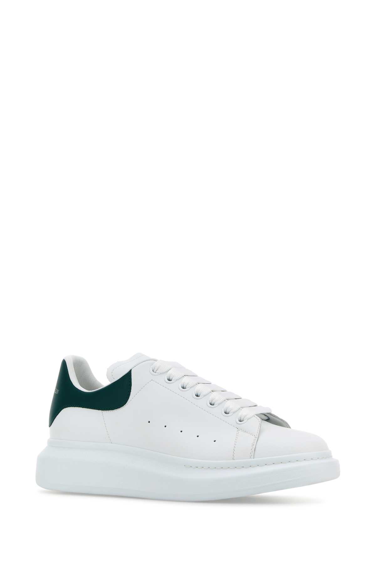 Alexander Mcqueen White Leather Sneakers With Dark Green Leather Heel In White