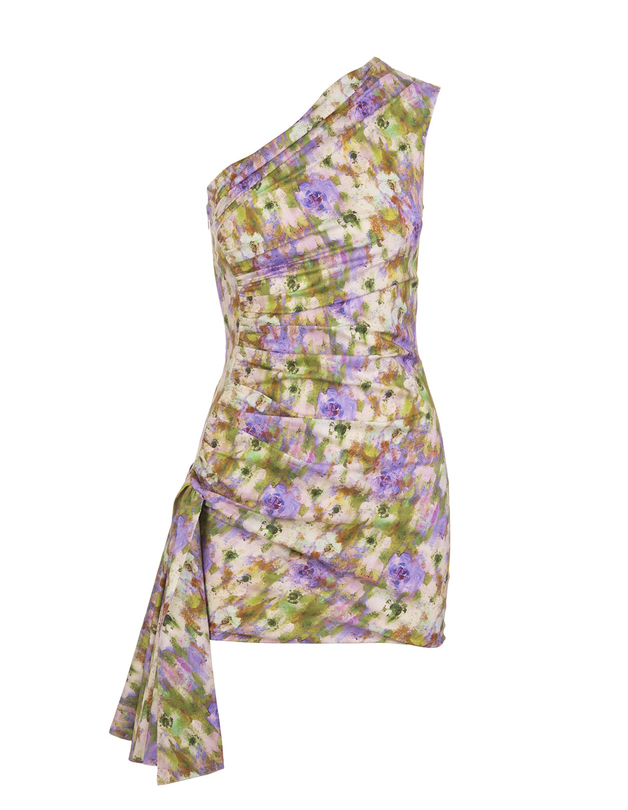 Giuseppe di Morabito Short One Shoulder Dress With Draping And Lilac And Green All-over Floral Print