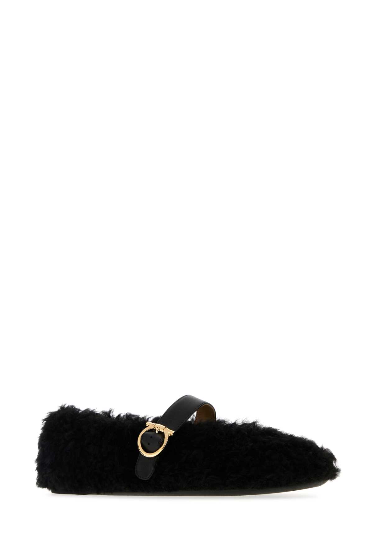 Ferragamo Black Ballerinas With Shearling Design And Buckle In Leather Woman In Black