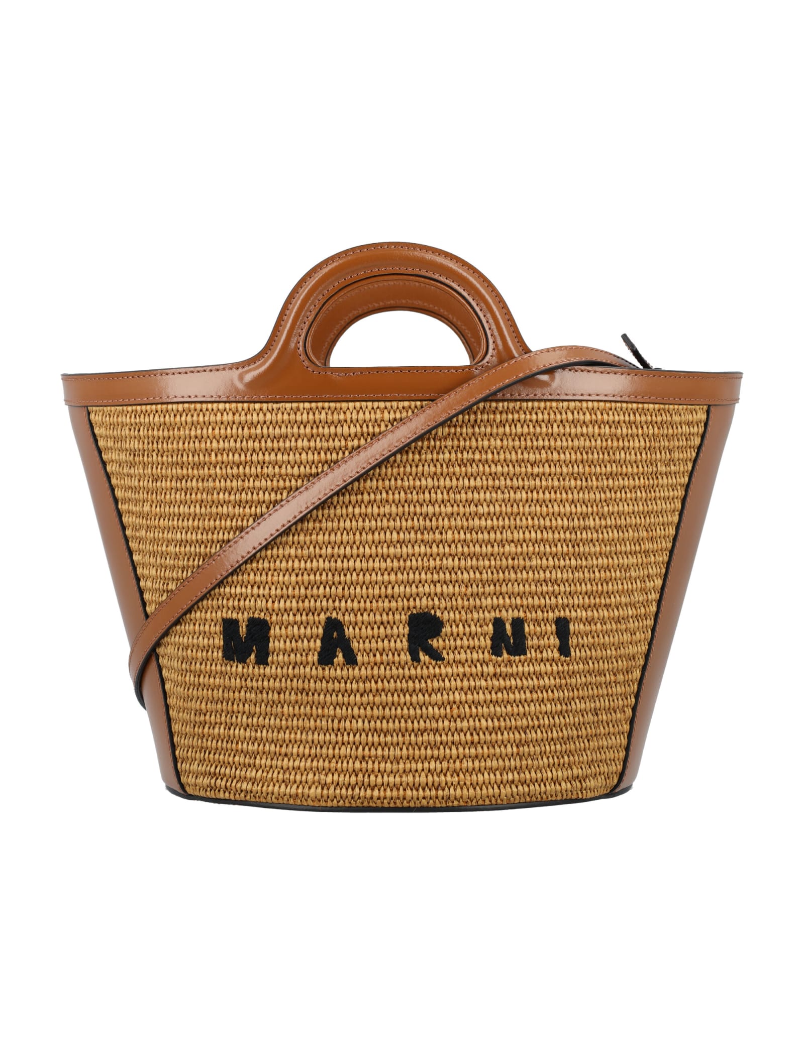 Shop Marni Tropicalia Micro Bag In Leather And Raffia In Raw Sienna