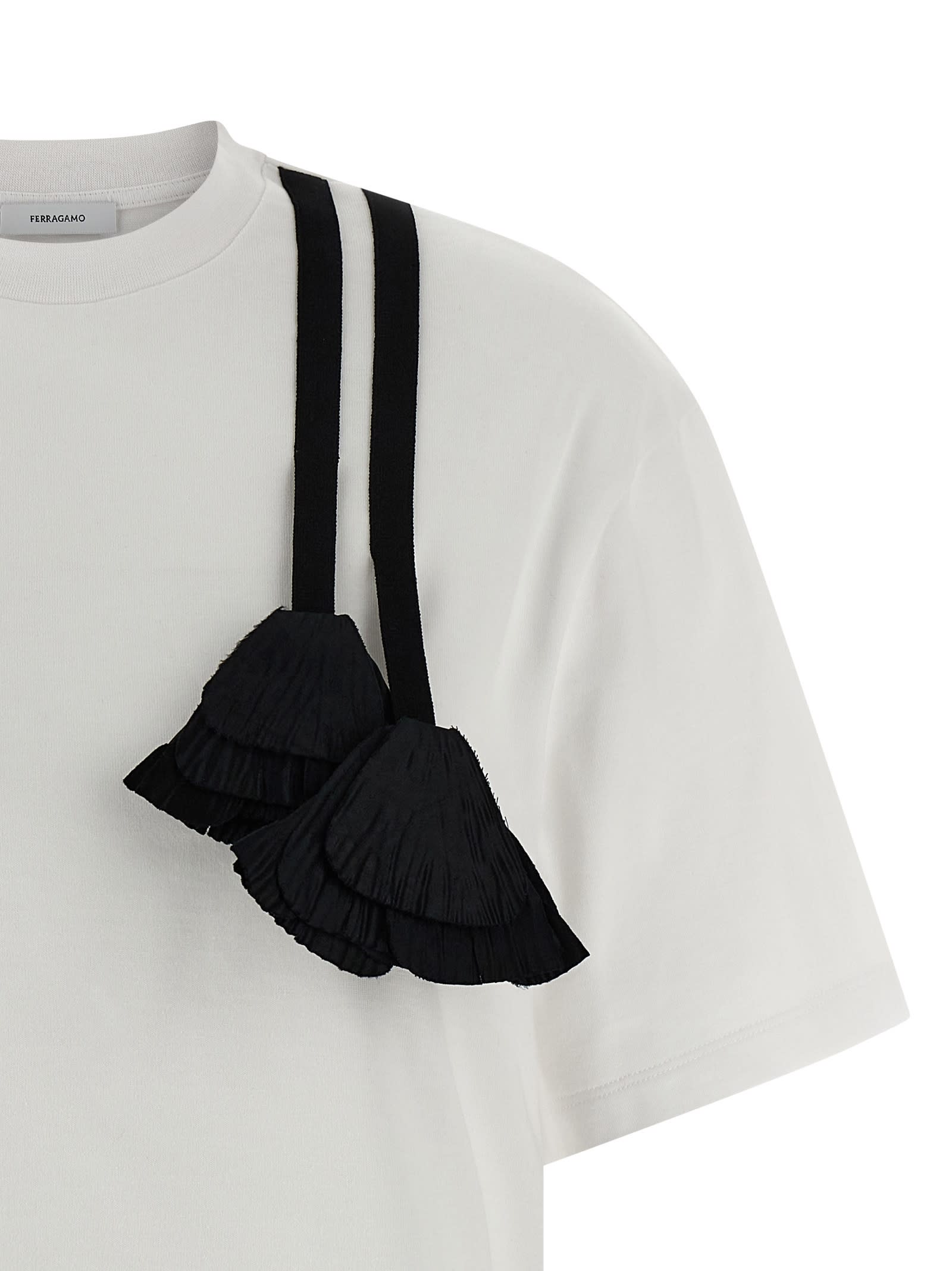 Ferragamo T-shirt With Floral Detail And Tassels In Black
