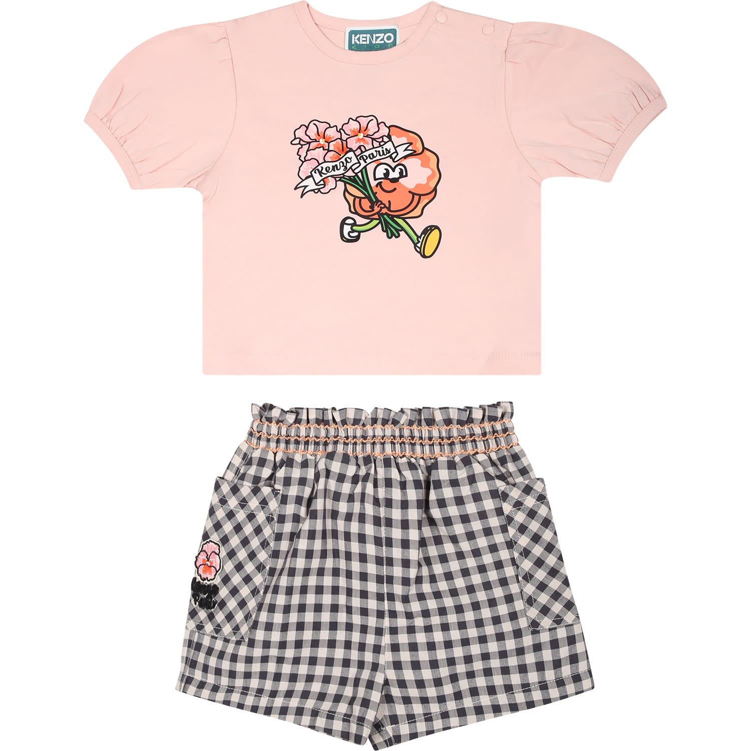 Kenzo Kids' Pink Suit For Baby Girl With Poppy In Multicolor
