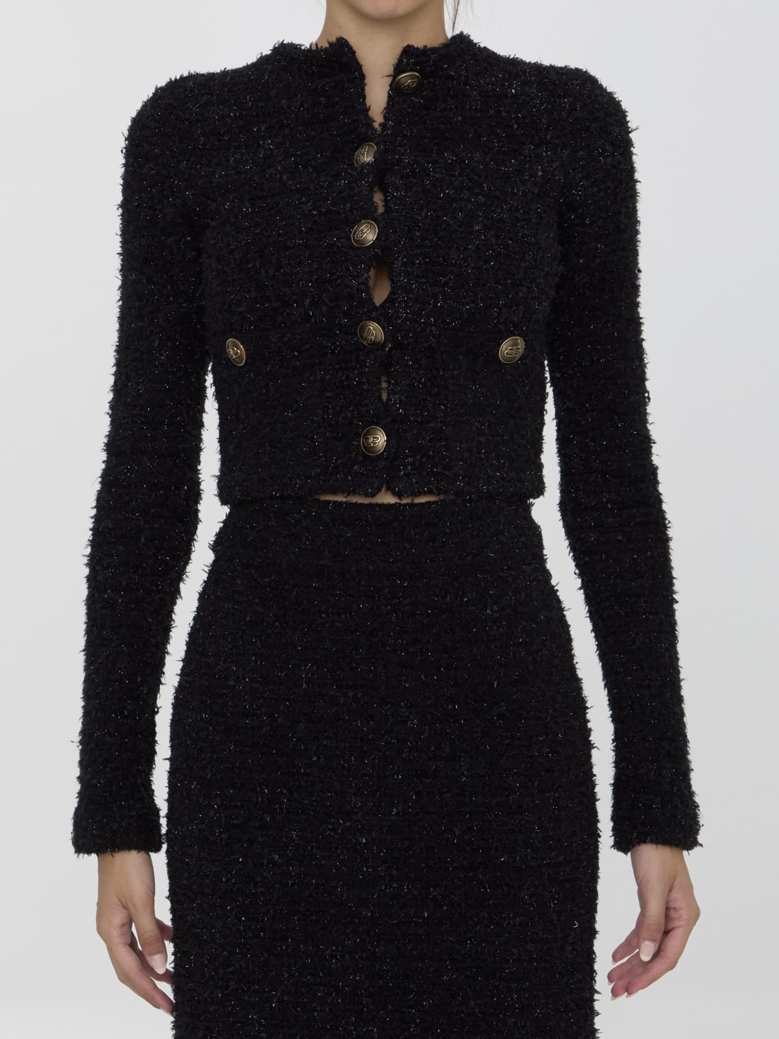 Shop Balenciaga Cropped Cardigan In Tweed In Black