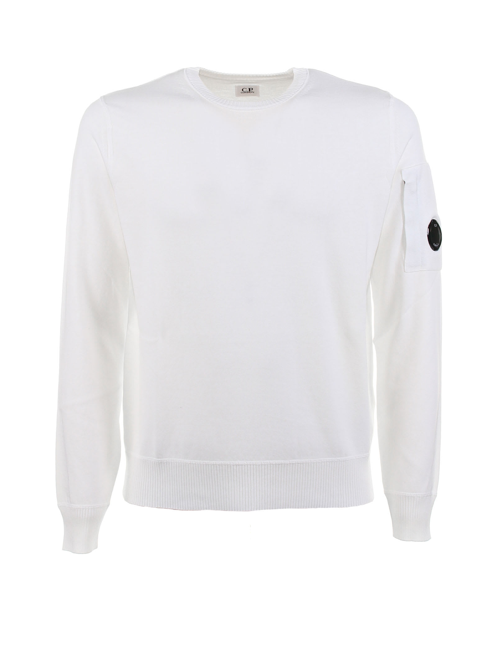 C.p. Company Sweater With Iconic Logo On The Sleeve In Gauze White