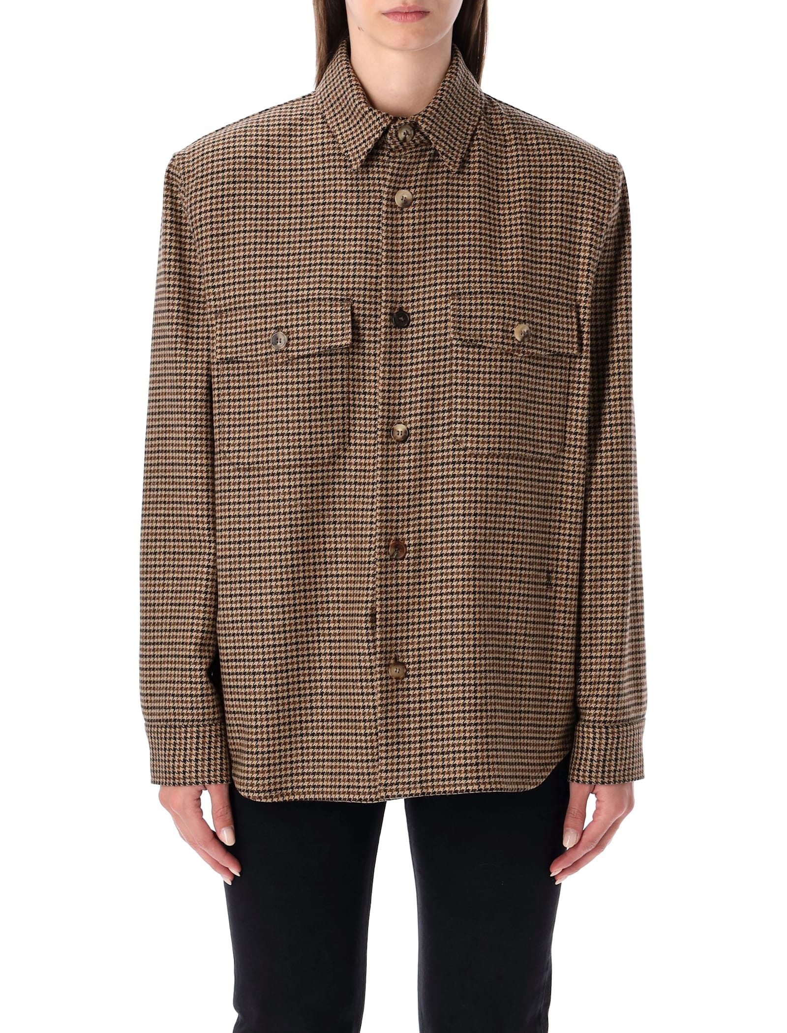 Saint Laurent Puppytooth Wool Blend Overshirt In Brown