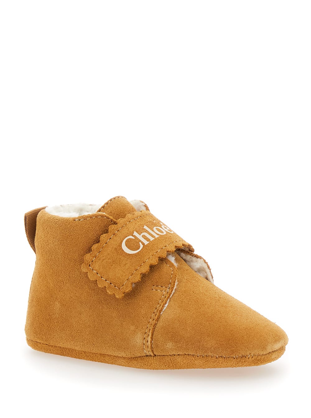 CHLOÉ BEIGE SNEAKERS WITH LOGO PRINT ON THE FRONT IN SHEARLING AND LEATHER GIRL