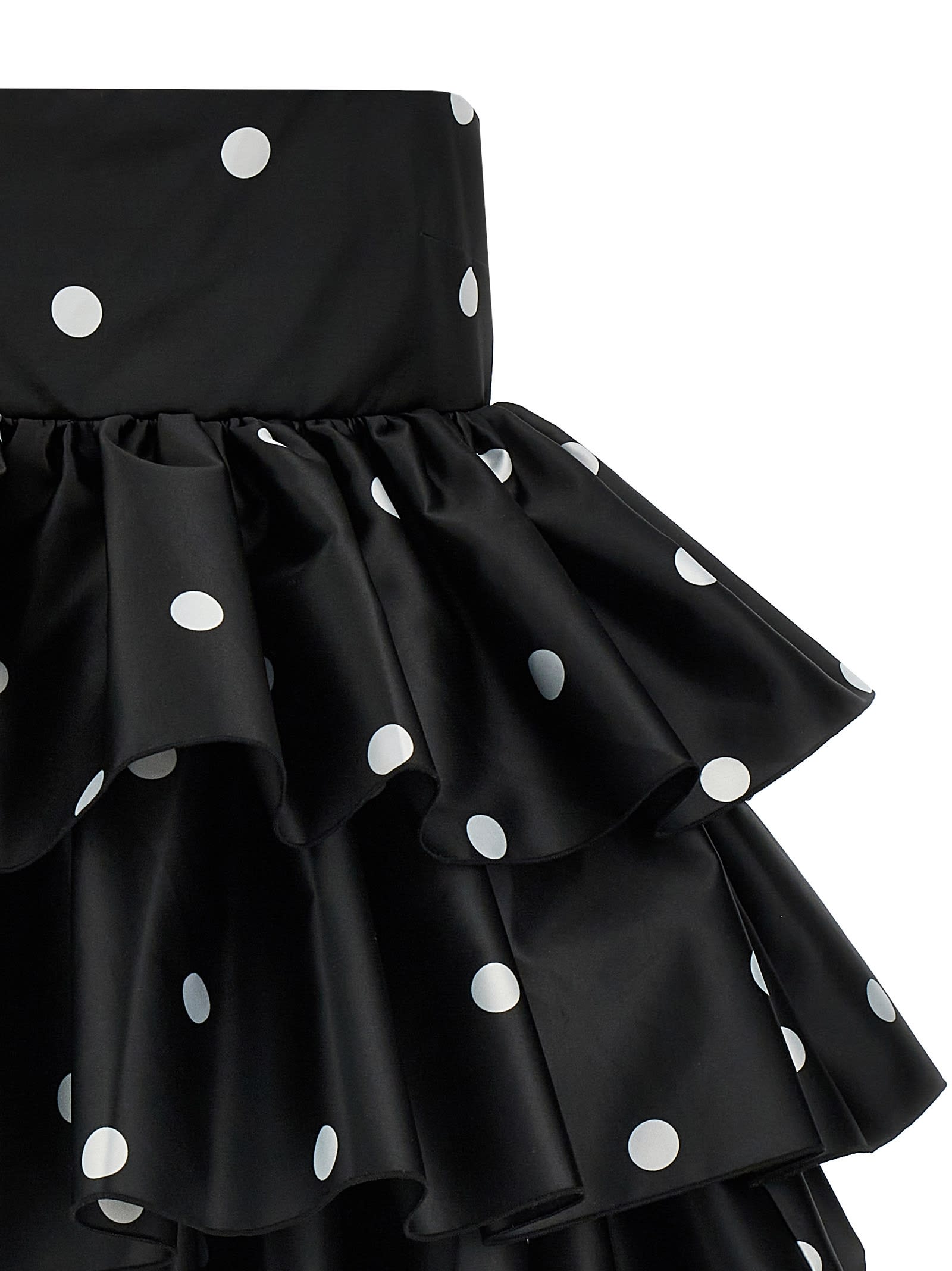 Rotate Birger Christensen Satin Ruffle Tiered Polka Dot Dress In Black