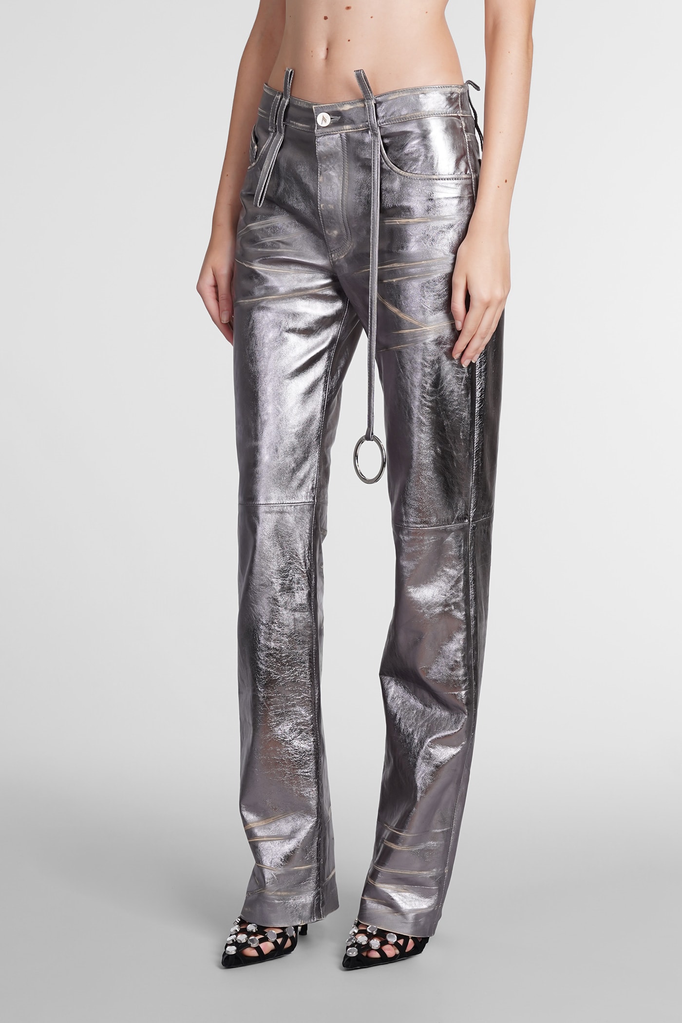Shop Attico Pants In Silver Leather