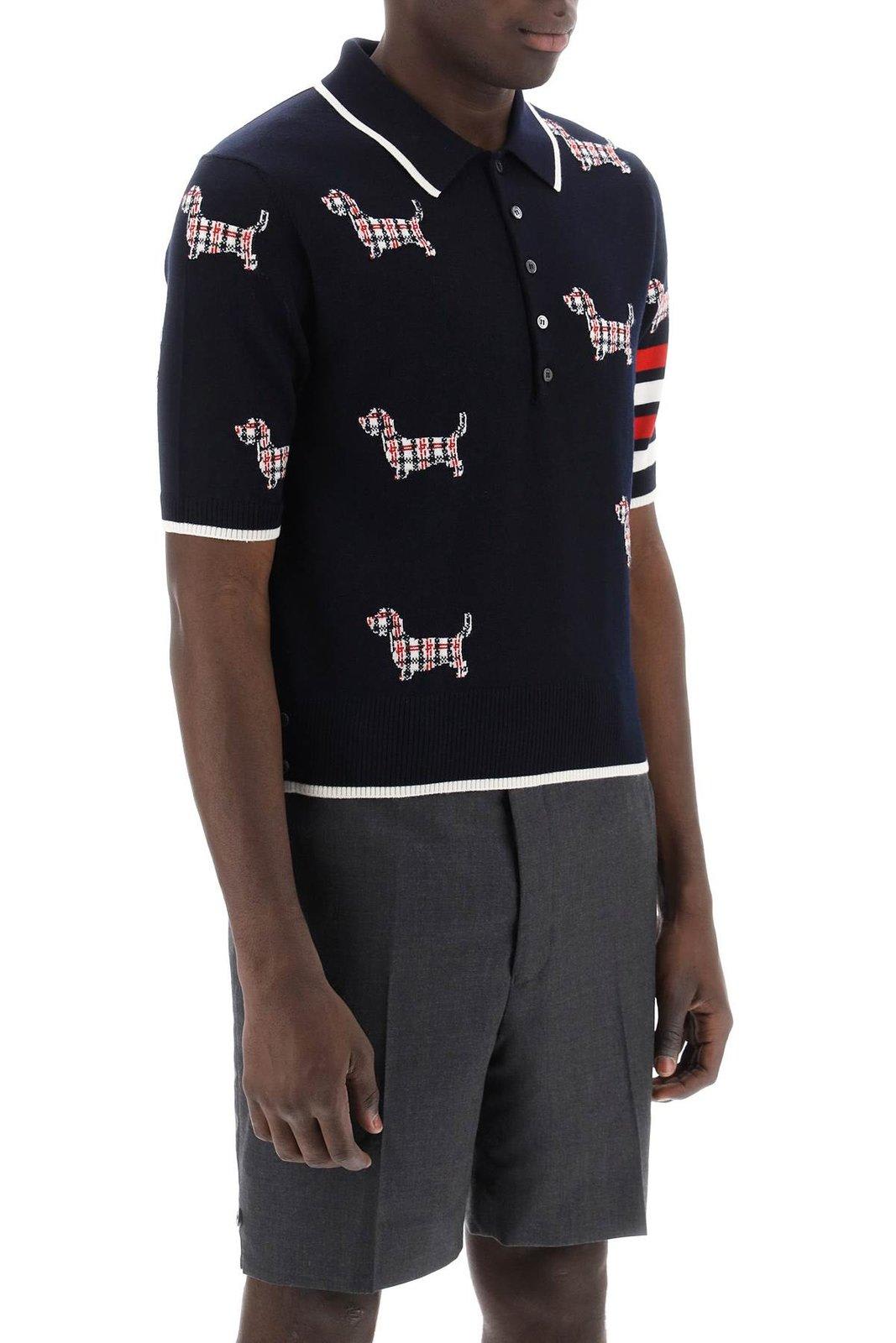 Shop Thom Browne Hector Intarsia-knit Short Sleeved Polo Top In Navy