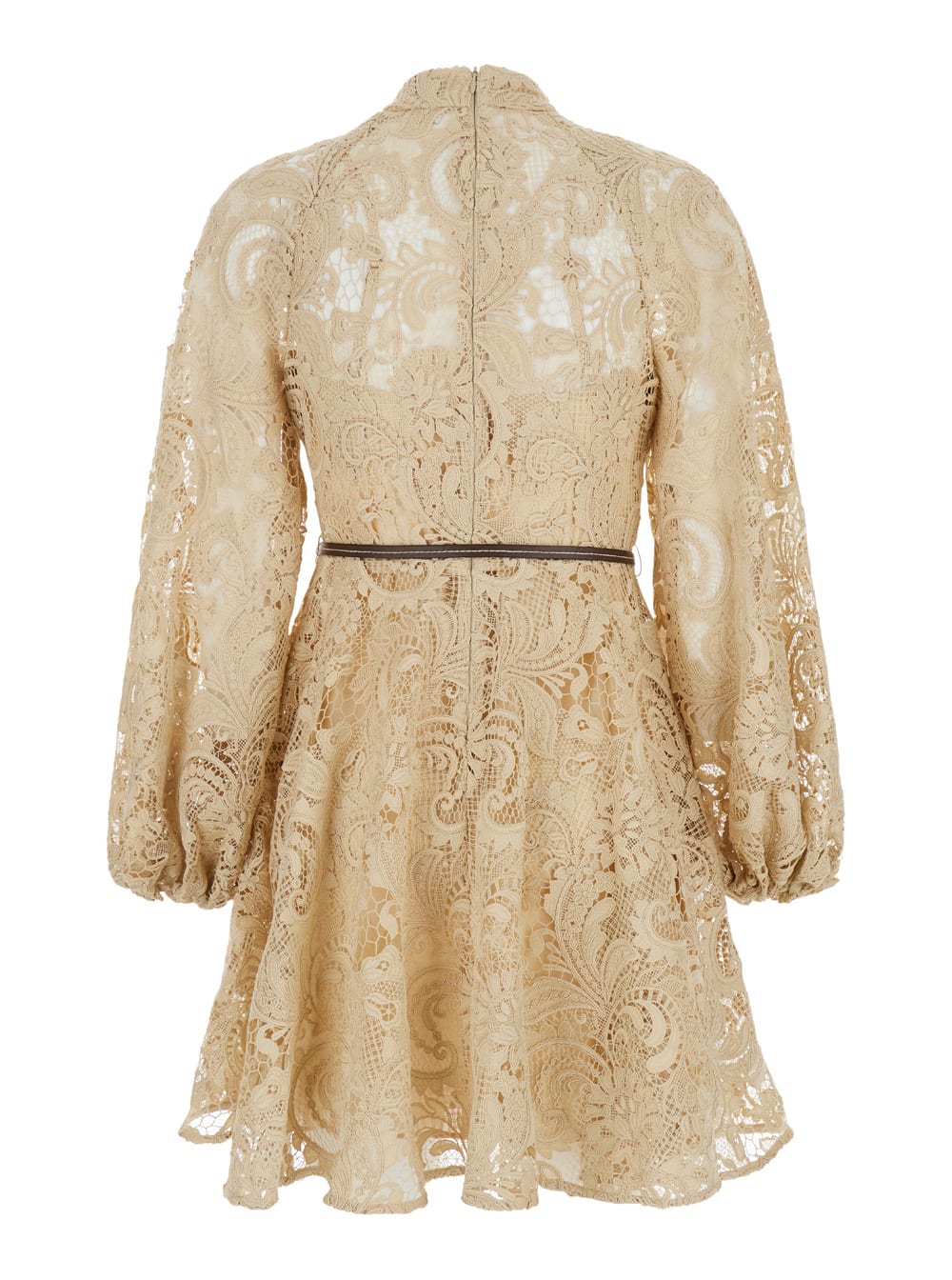 Shop Zimmermann Mini Beige Dress With Belt And Embroideries In Lace Woman In Brown