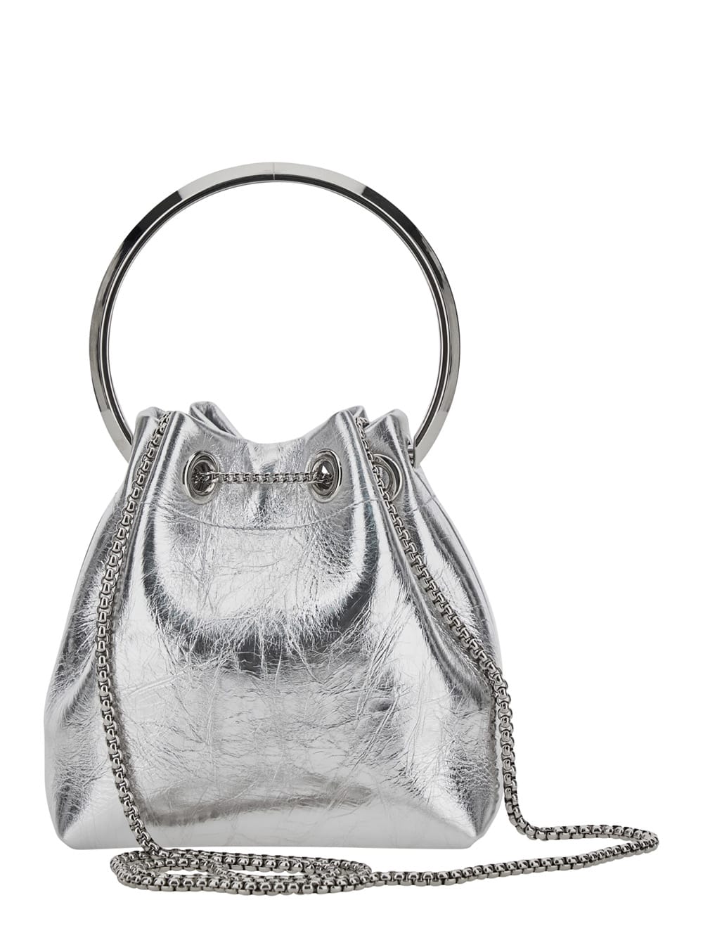 Jimmy Choo Bon Bon Metallic Handbag With Metal Bracelet Handle And Chain-link Shoulder Strap In Leather Woman In Silver