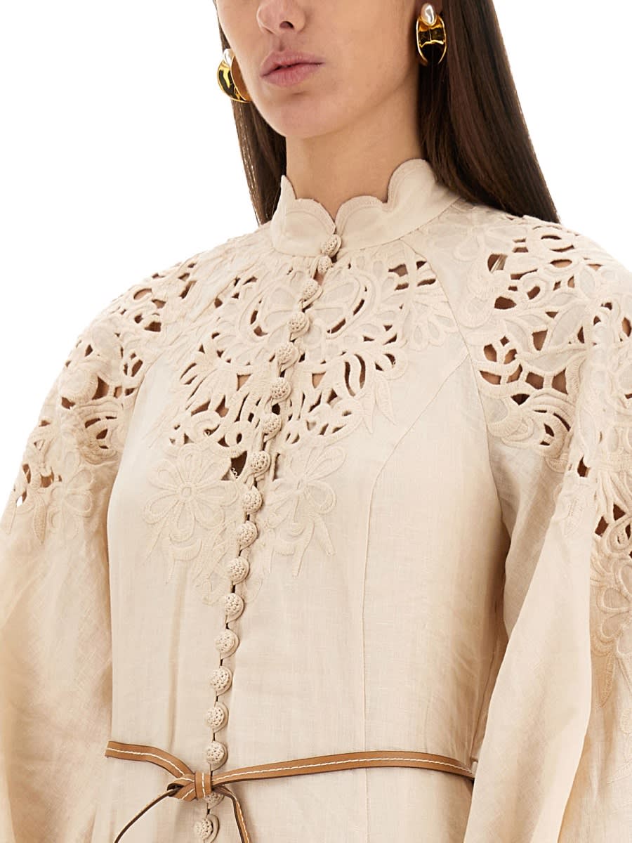 Zimmermann Beige Long Dress With High Neck And All-over Embroidery In Linen Woman In Cream
