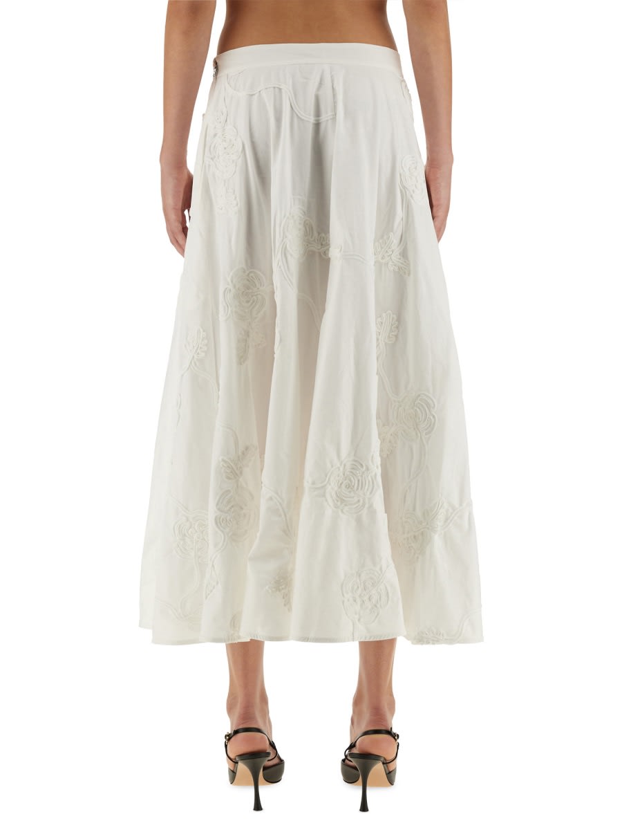 Rotate Birger Christensen Floral Embroidered A-line Midi Skirt In Organic Cotton In White