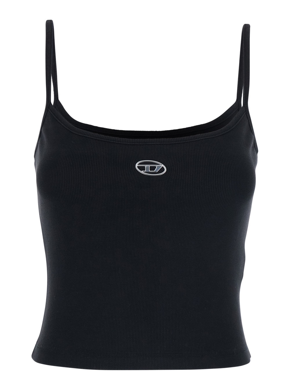 Diesel Black Top With Thin Straps And D-logo Plaque On The Front In Cotton Woman