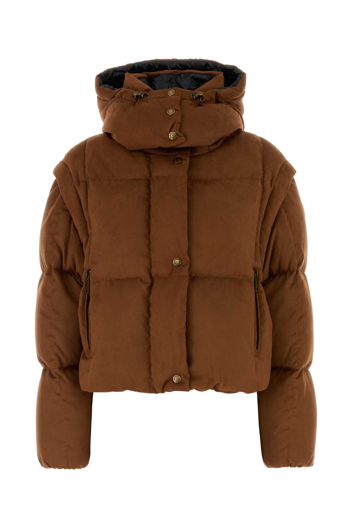 Moncler Caramel Stretch Polyester Paterne Down Jacket In Brown