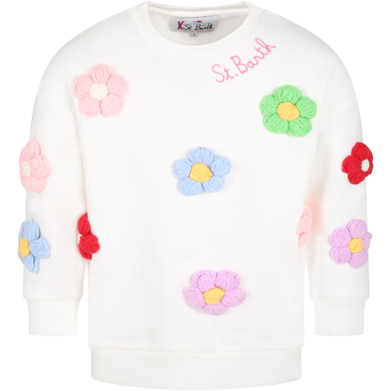 MC2 Saint Barth White Sweatshirt For Girl With Flowers And Logo