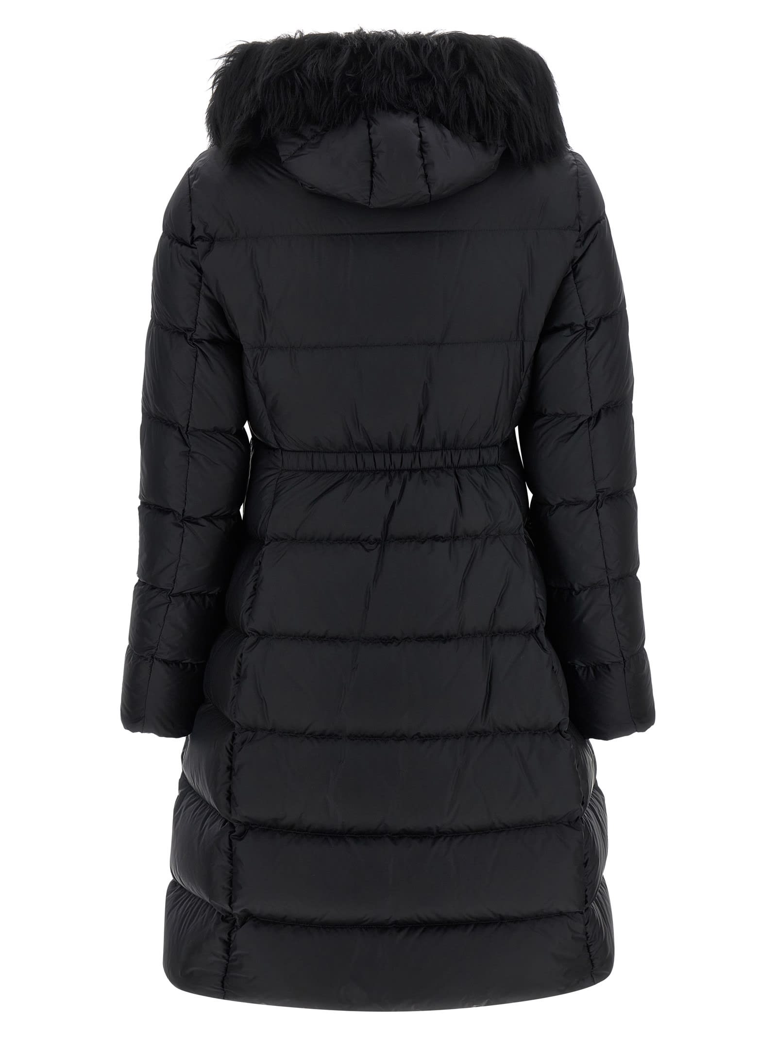 Moncler Boedic Hooded Shearling-trimmed Long Down Jacket Clothing In Black