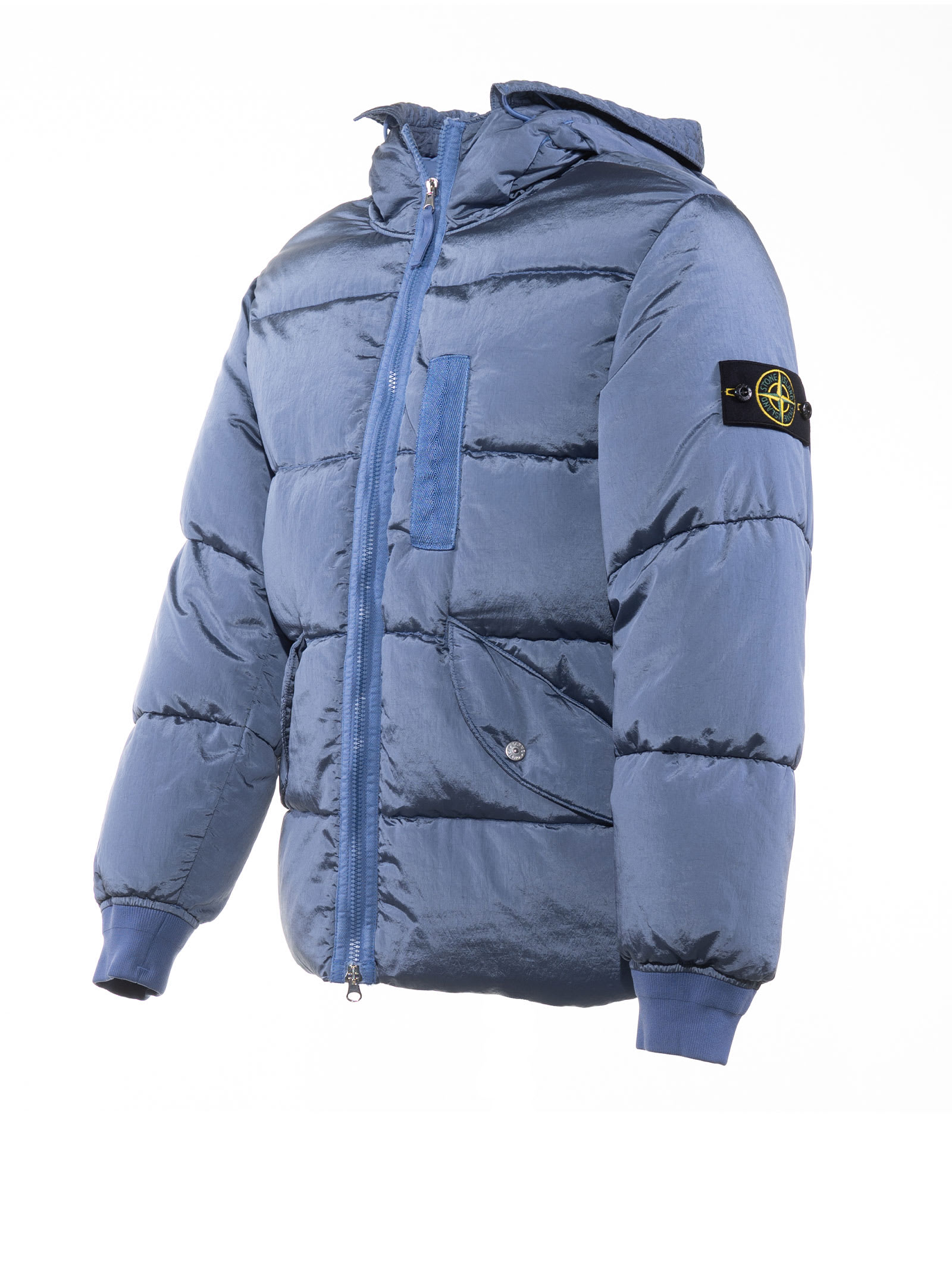 Shop Stone Island Down Jacket With Logo On The Sleeve In Dark Blue