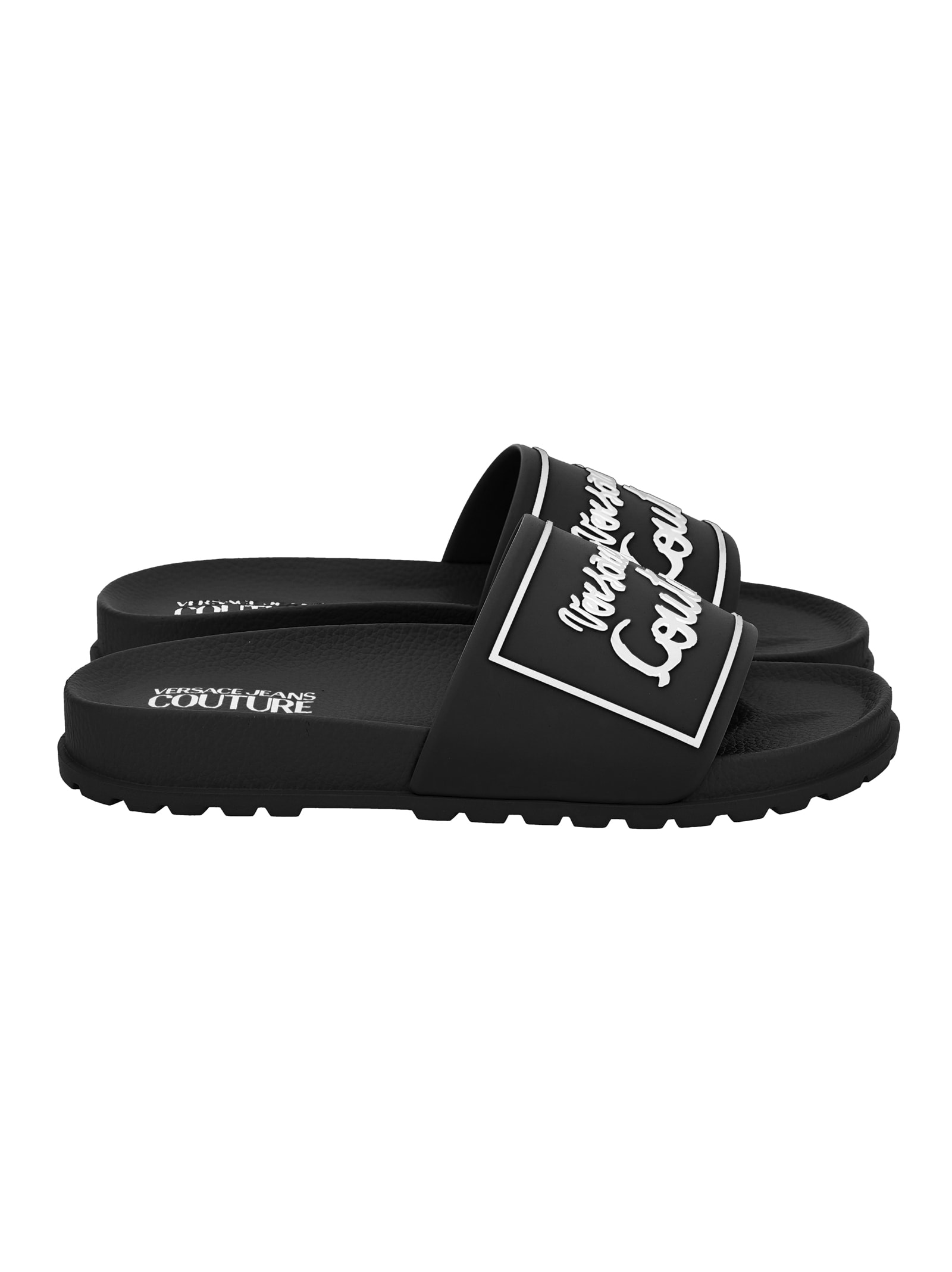 Versace Jeans Couture Black Logo Shelly Pool Slides In Black