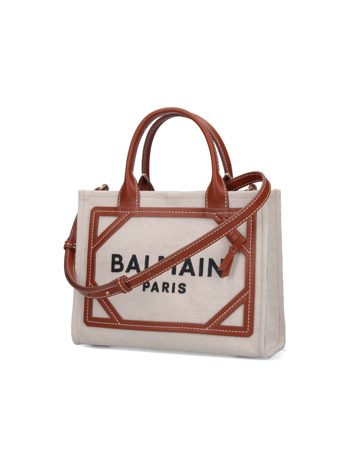 Balmain B Army Medium Shopper Tote Bag In Canvas With Leather Handles In Brown