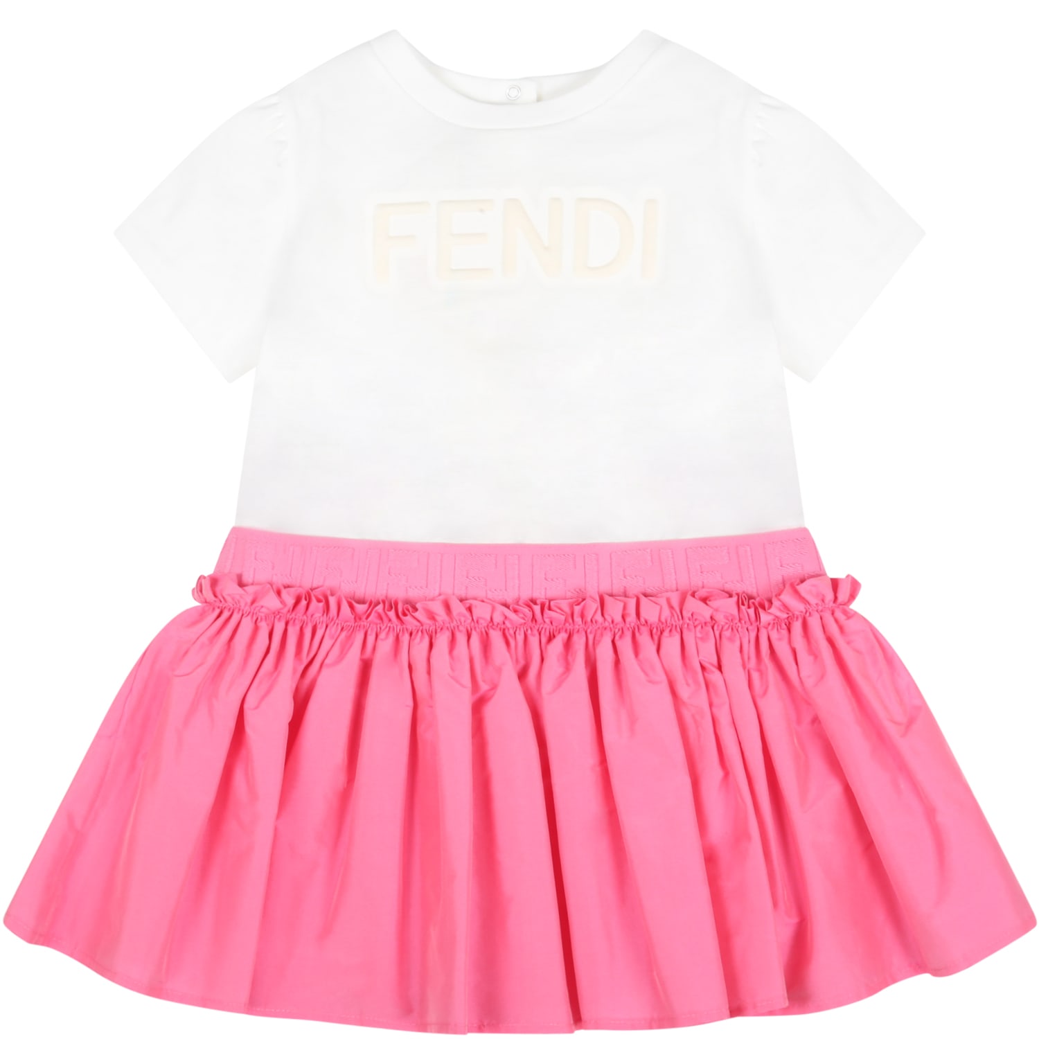 Fendi White Dress For Baby Girl With White Embossed Logo