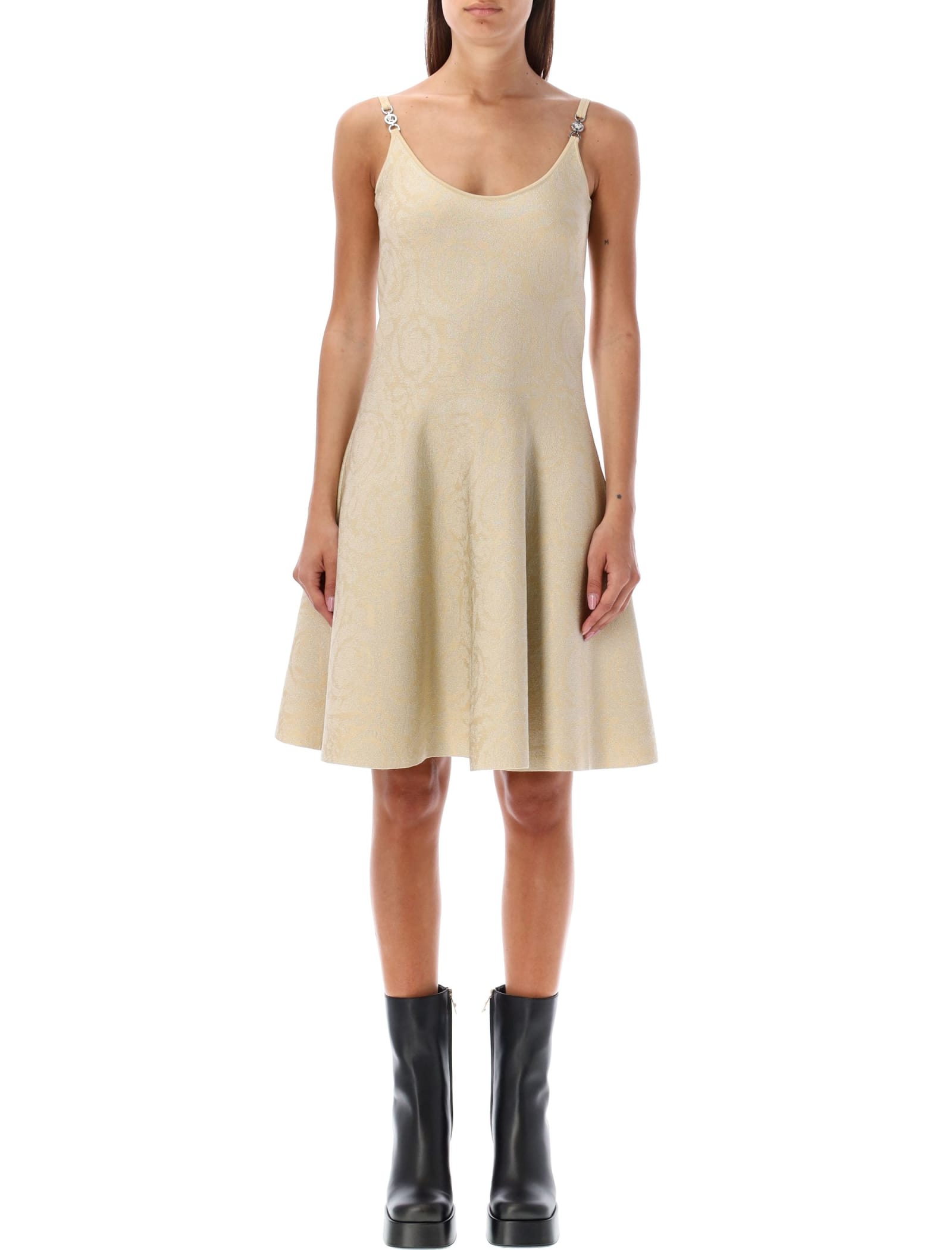 Shop Versace Mini Dress Barocco Knit In Beige