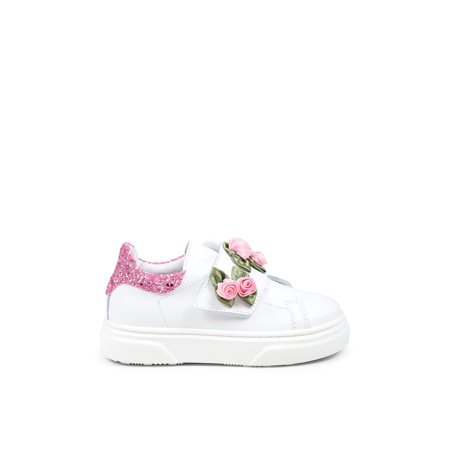 Monnalisa White Sneakers For Baby Girl And Girl With Roses In White