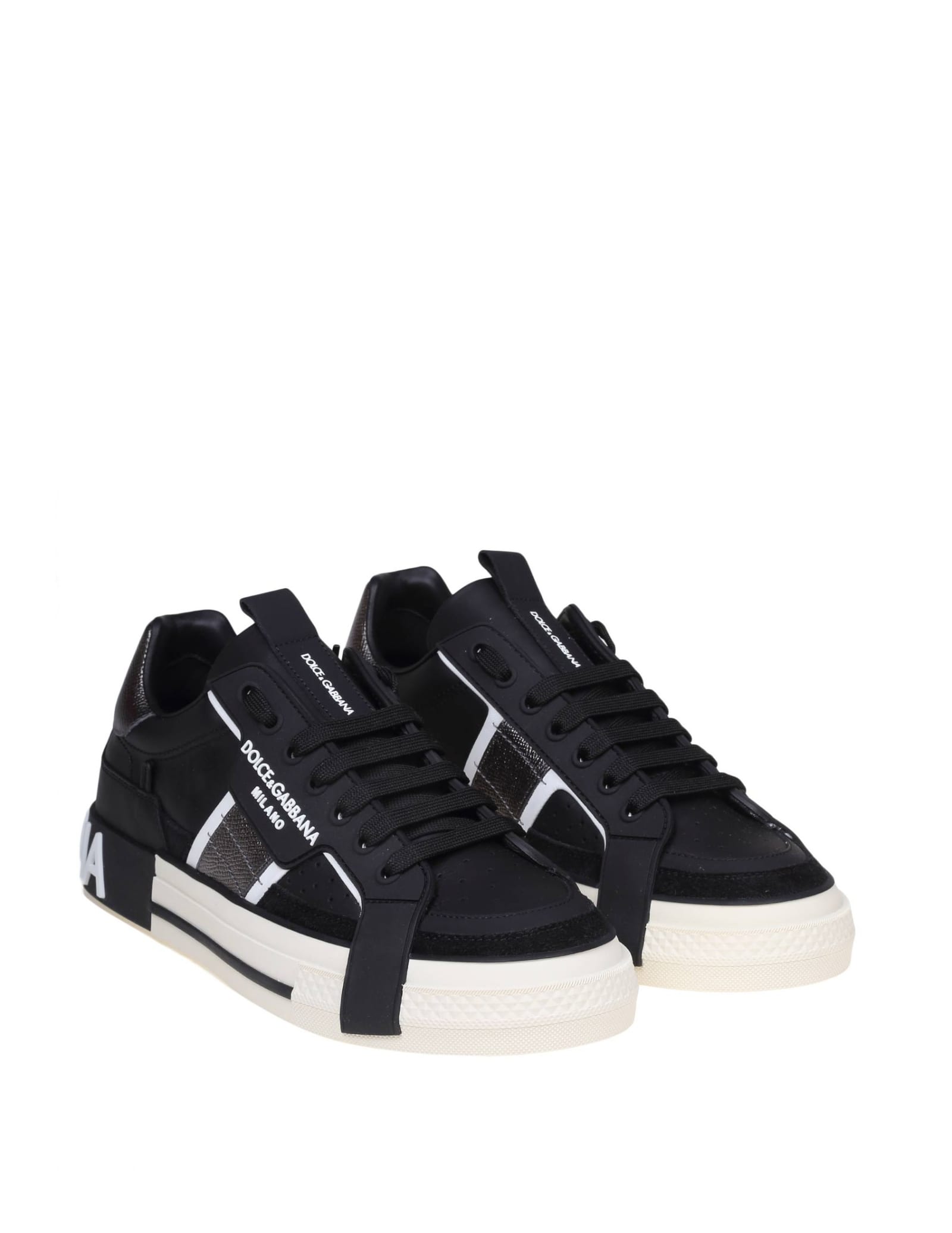 Shop Dolce & Gabbana Custom 2.zero Sneakers In Black Leather In Black / Silver