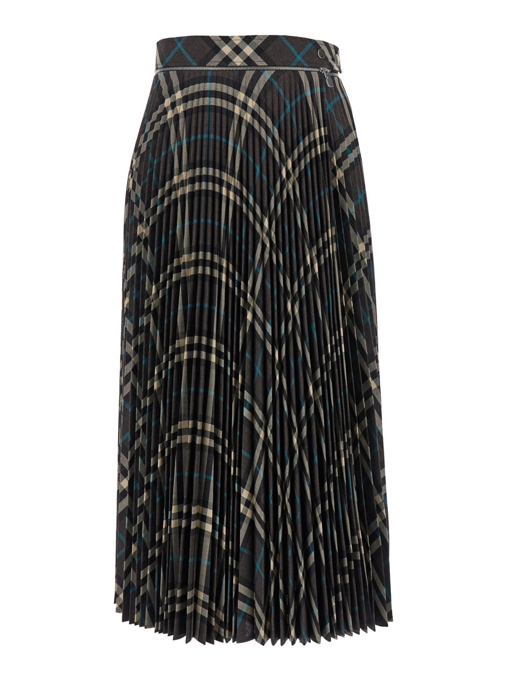 Shop Burberry Long Multicolor Pleated Skirt With Check Motif In Wool Blend Woman In Grey