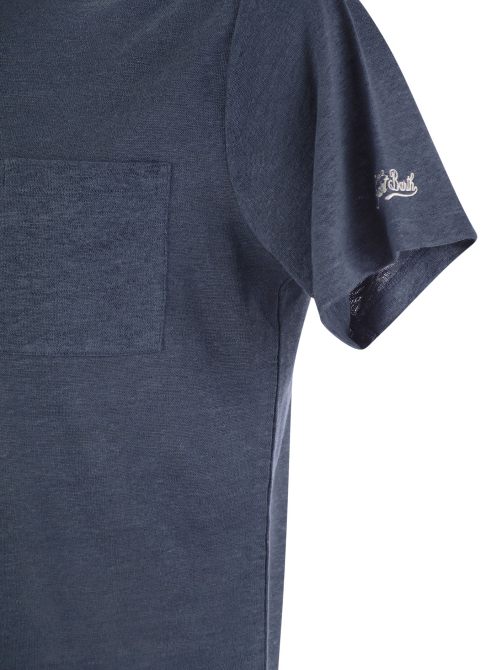 Shop Mc2 Saint Barth Ecstasea - Linen T-shirt With Pocket In Avio