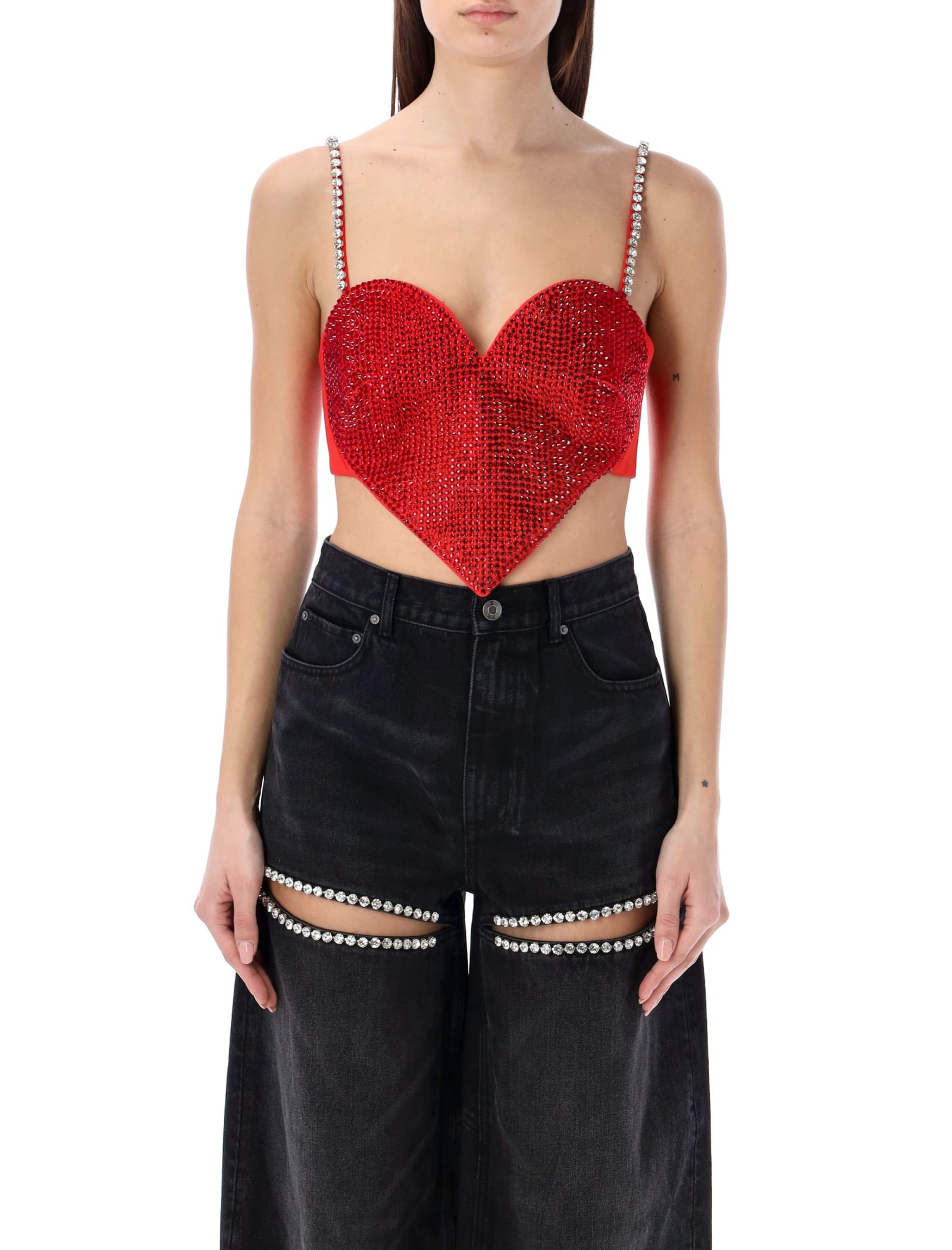 Area Crystal Embellished Stretch Virgin Wool Heart Top In Scarlet