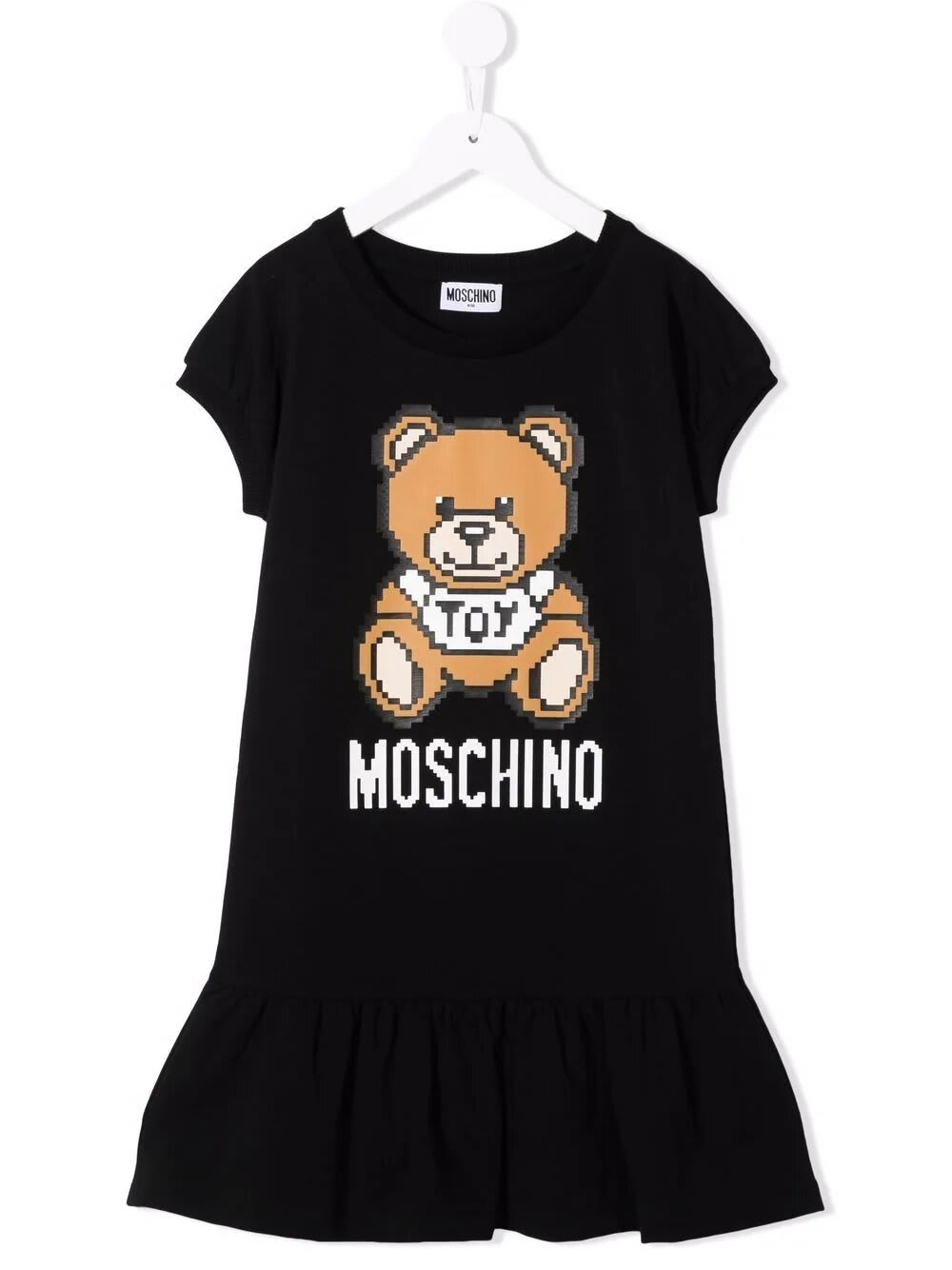 Moschino Kids Dress In Black Cotto Fleece With Logo And Pixelated Teddy Bear