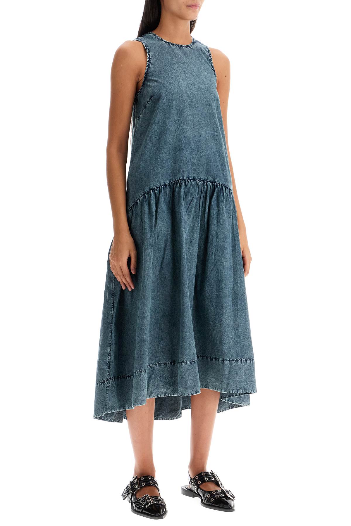 Shop Ganni Midi Poplin Dress In In Sky Captain (blue)