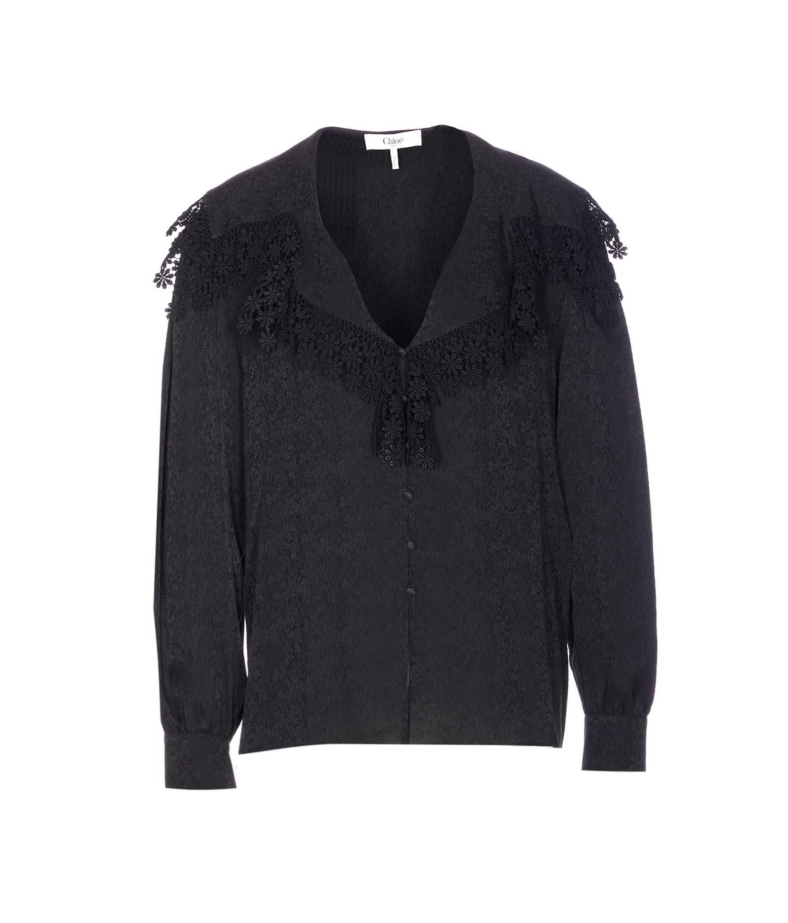 Chloé Blouse With Maxi Collar In Silk Jacquard And Lace In Black