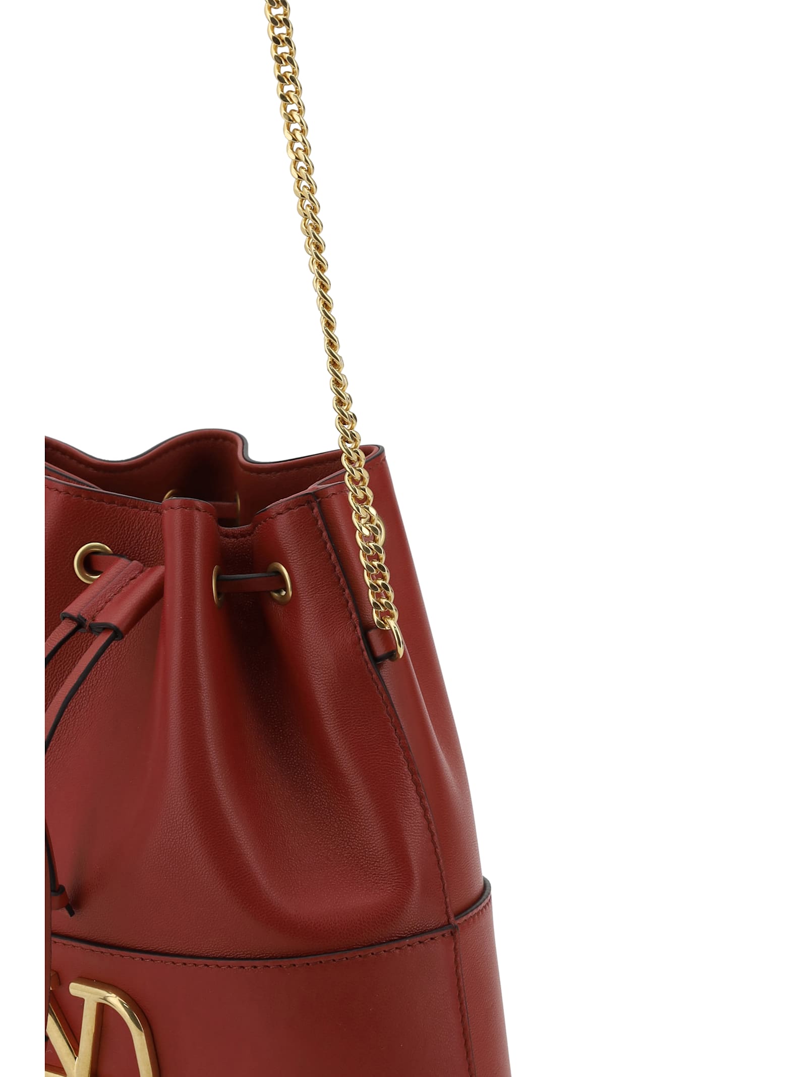 Valentino Signature Leather Bucket Bag With Chain Strap In Red