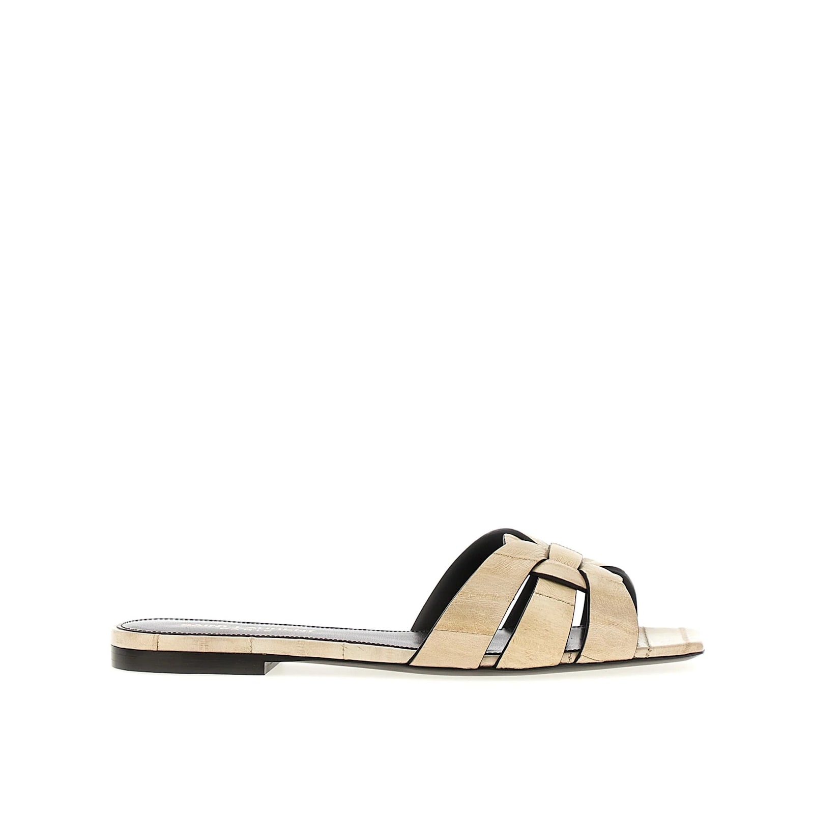 Shop Saint Laurent Tribute Eel Leather Flat Sandals In Beige