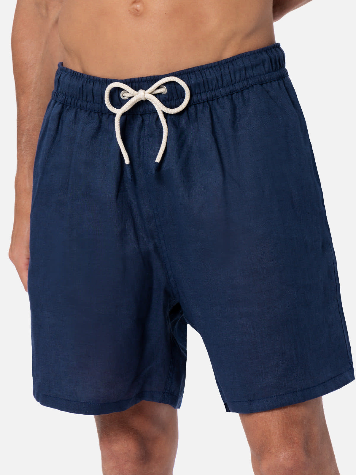 Shop Mc2 Saint Barth Man Mid-length Navy Blue Linen Swim-shorts Gustavia