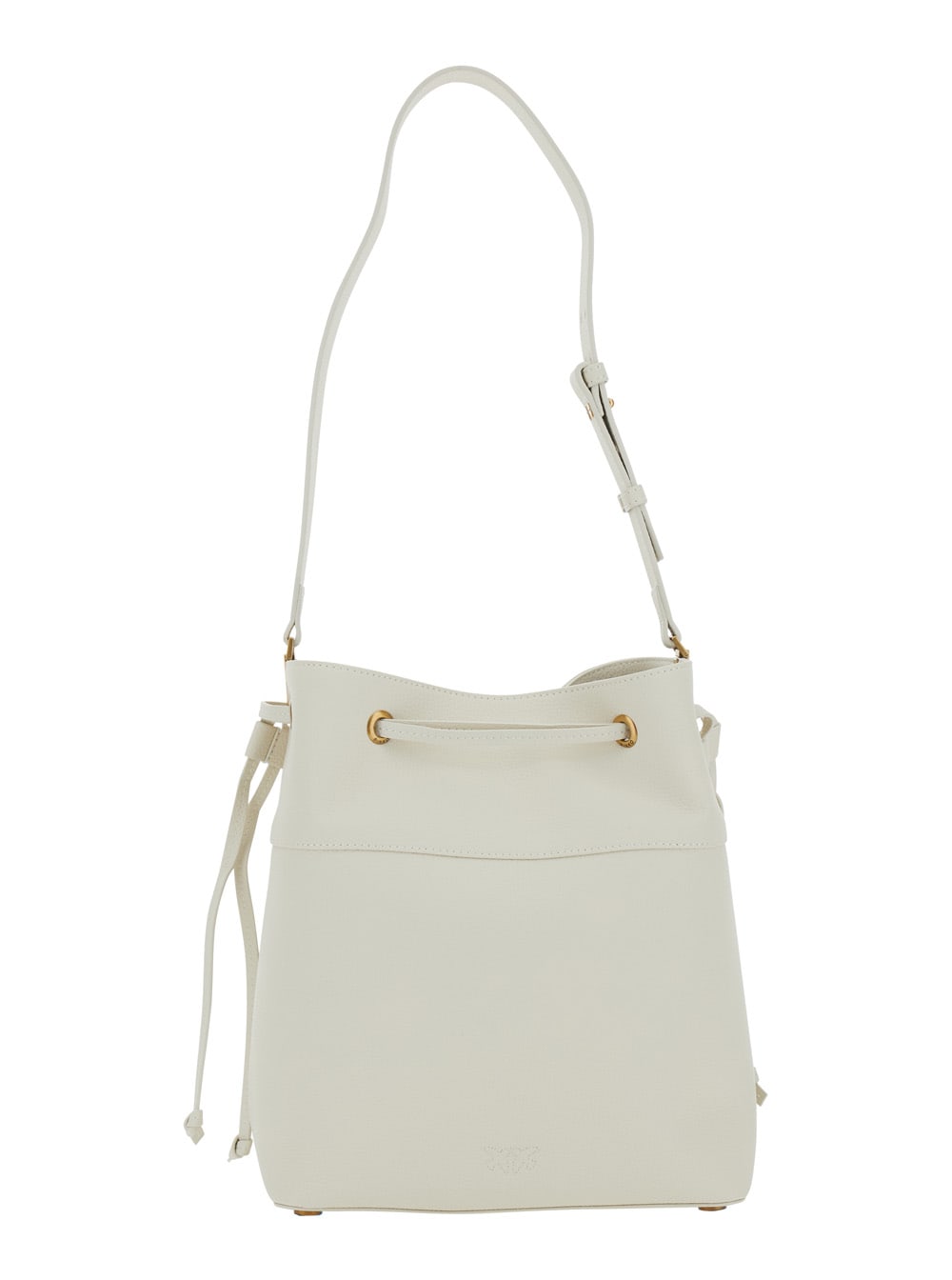 Pinko White Bucket Bag With Metallic Love Birds Logo On The Front In Hammered Leather Woman In White