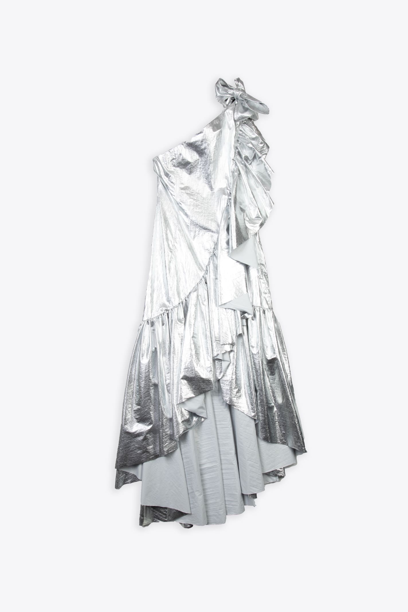 Abito Midi Metallic Silver Nylon One Shoulder Dress