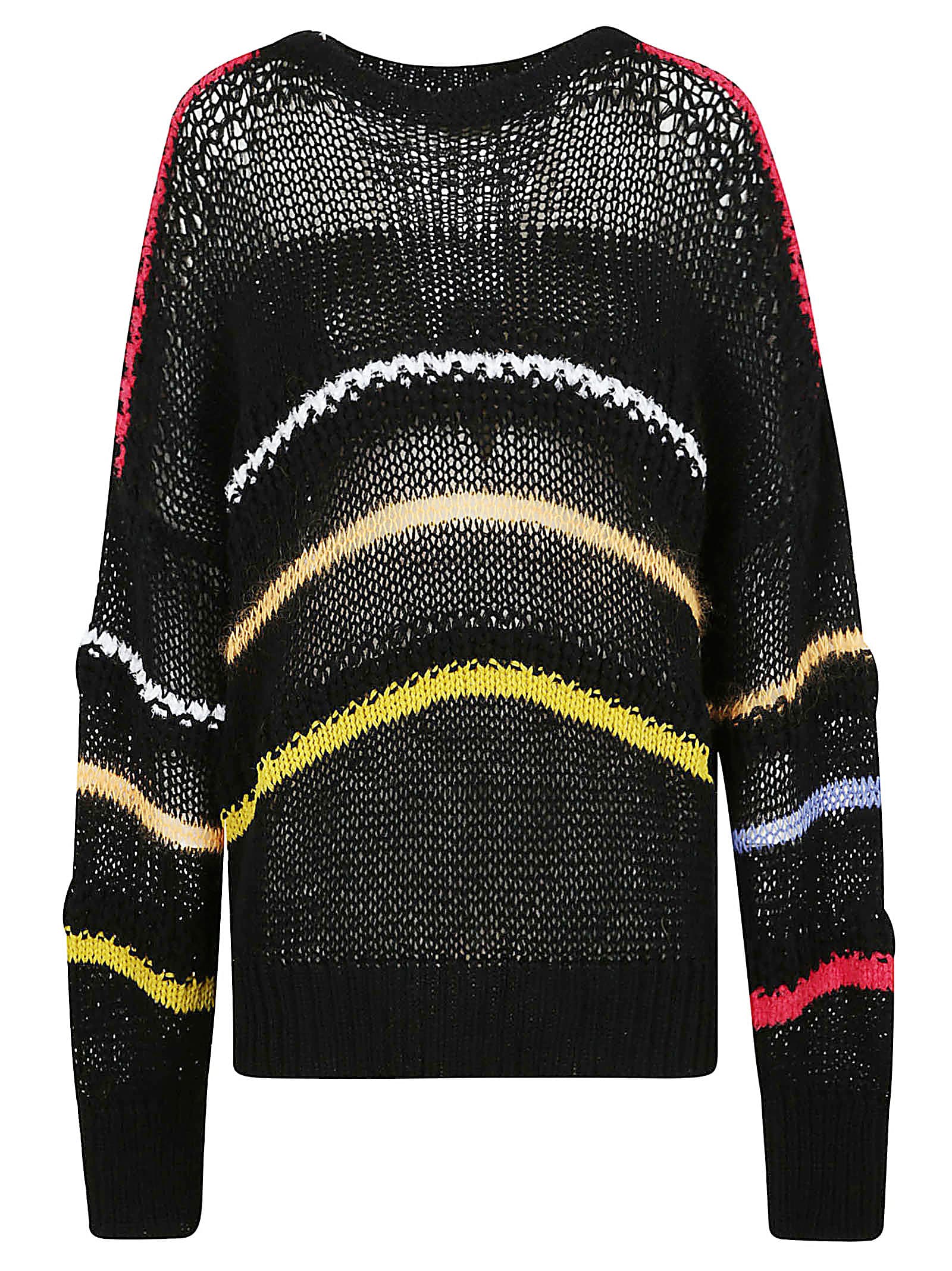 Maison Flaneur Crew Neck Striped Mesh Sweater In Black