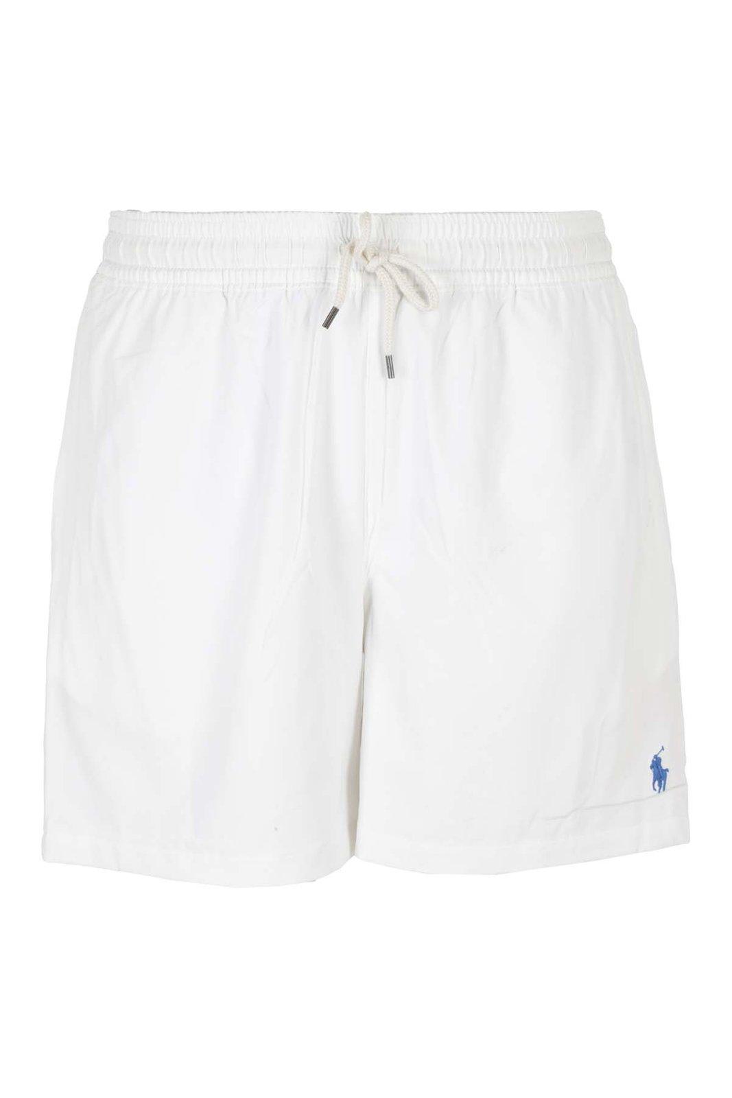 Shop Polo Ralph Lauren Logo Embroidered Drawstring Swim Shorts In White