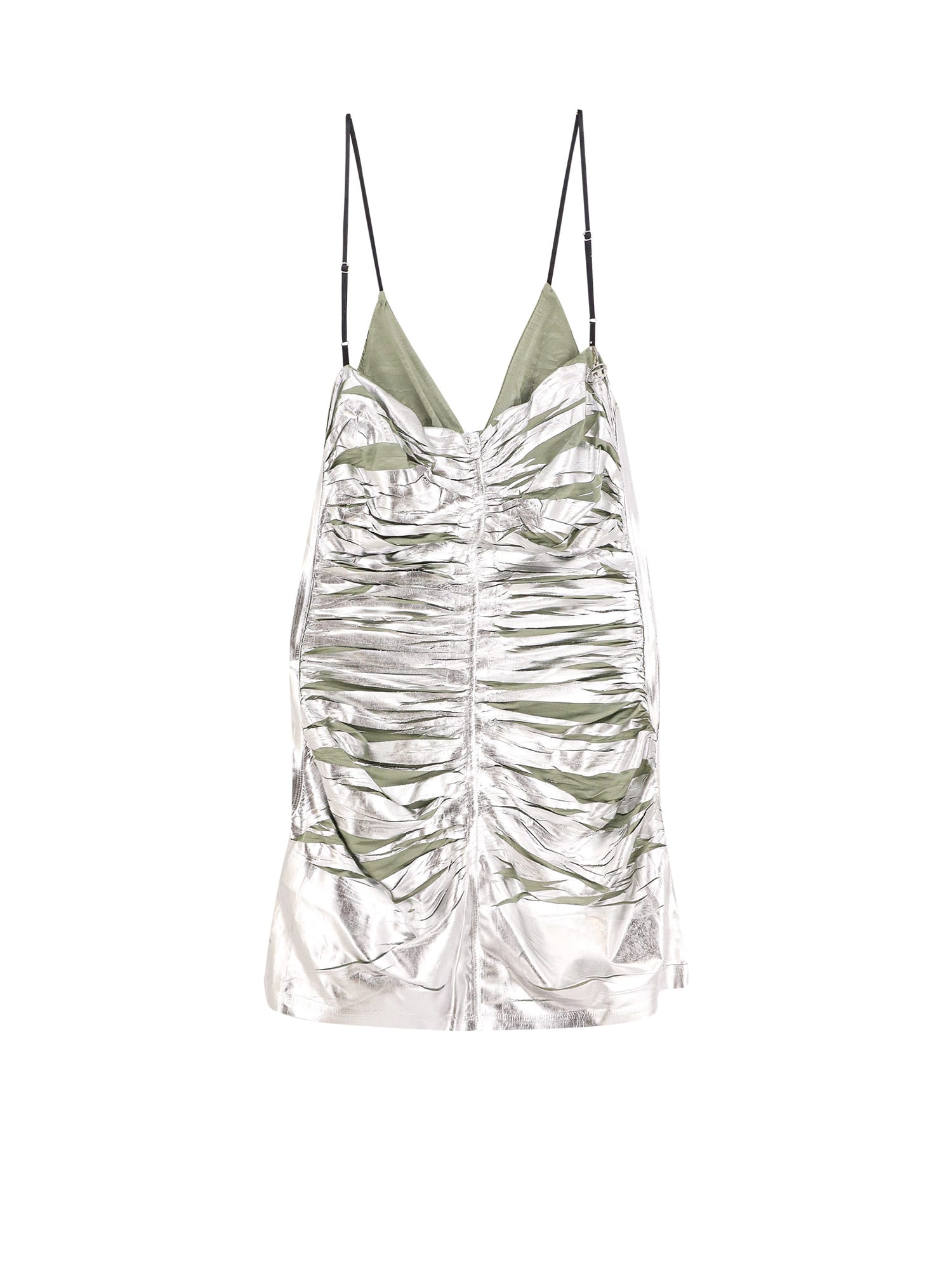 Diesel Shimmering Metallic Ruched V-neck Dress In Silver