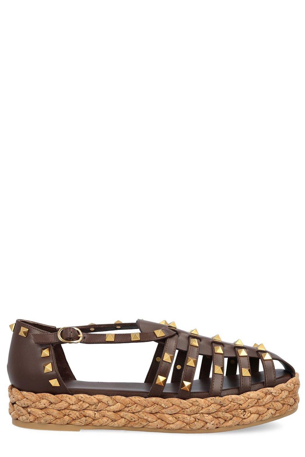 Valentino Garavani Rockstud Buckle Detailed Flat Shoes In Brown