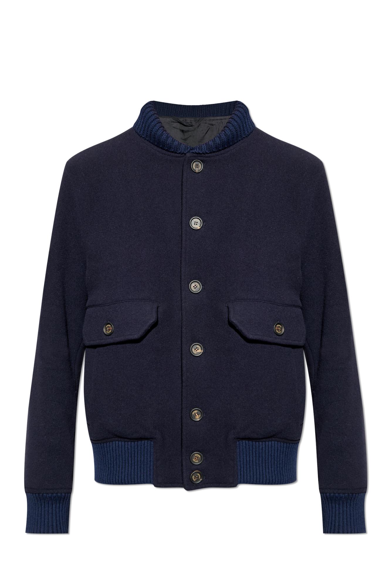 Eleventy Bomber Jacket With Ribbed Collar And Button-up Front In Blue