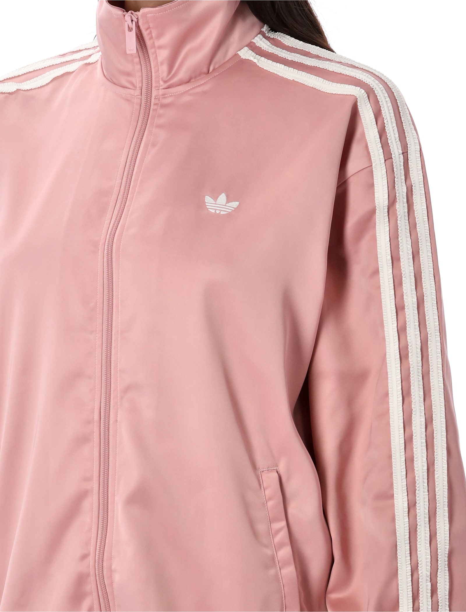 Adidas Originals Satin Ruffle 3-stripes Firebird Track Jacket In Pink
