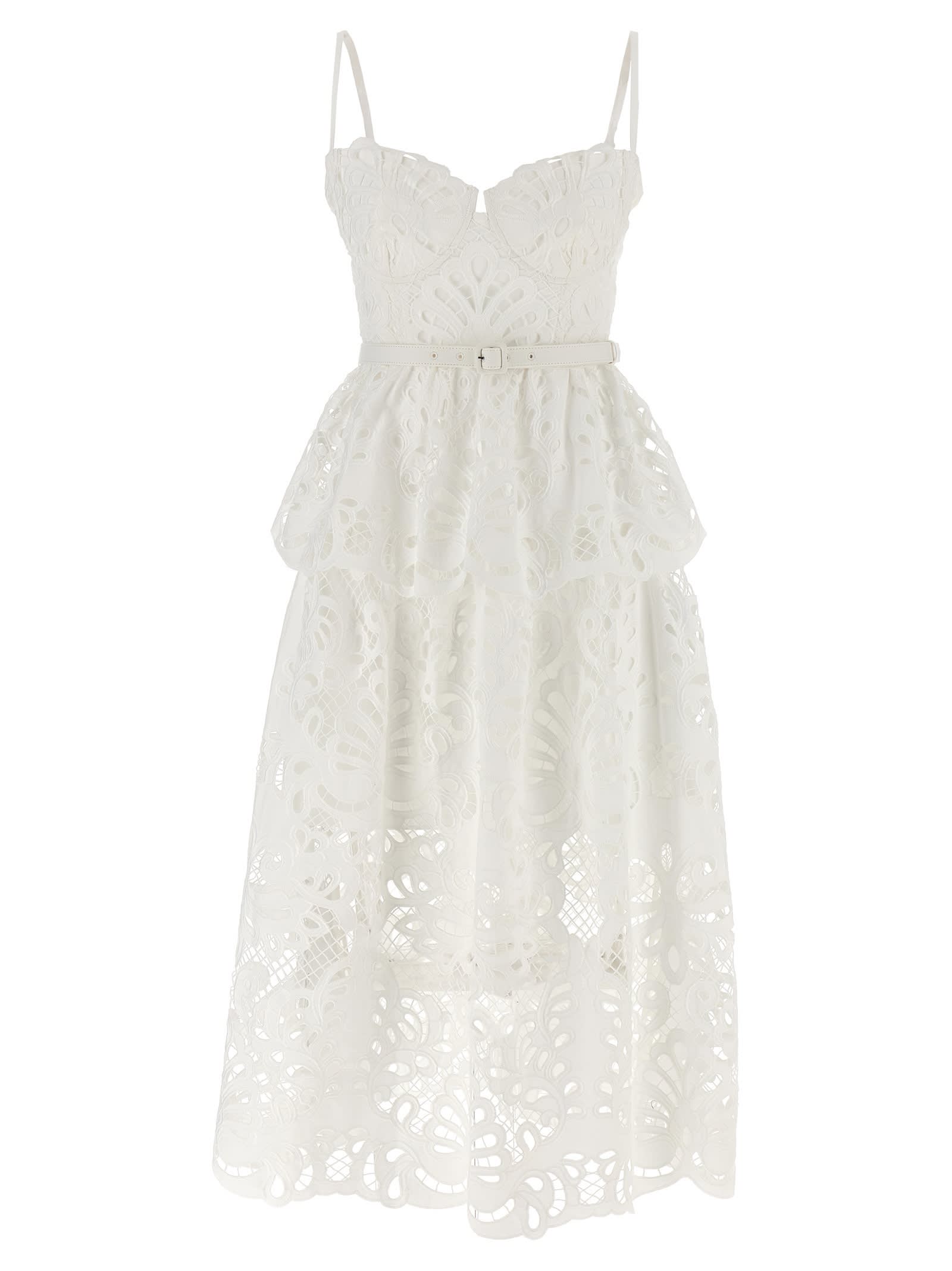 Shop Self-portrait White Cotton Lace Tiered Midi Dress