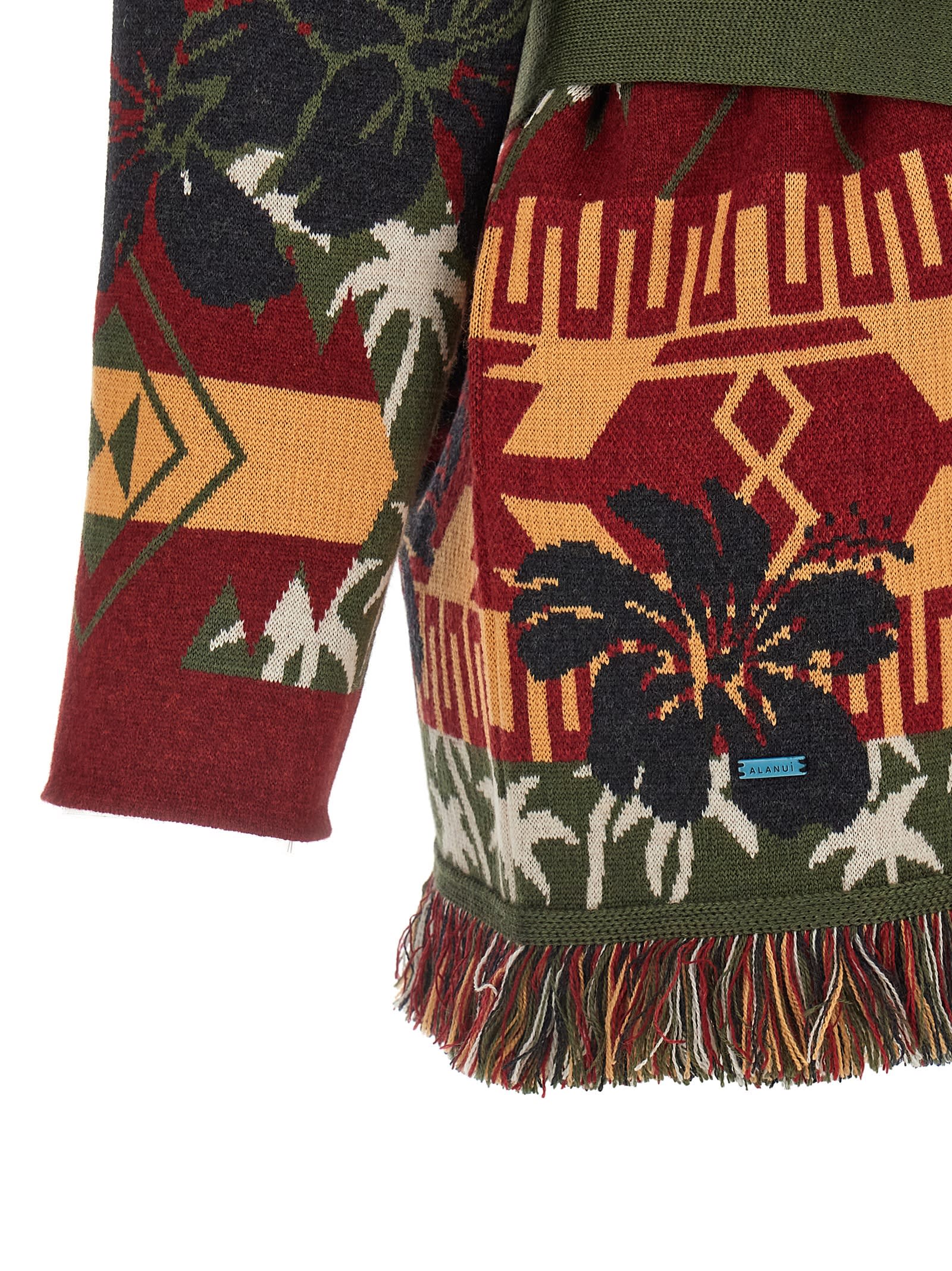Alanui 'hibiscus Bloom' Long Belted Cardigan With Fringed Trim In Green