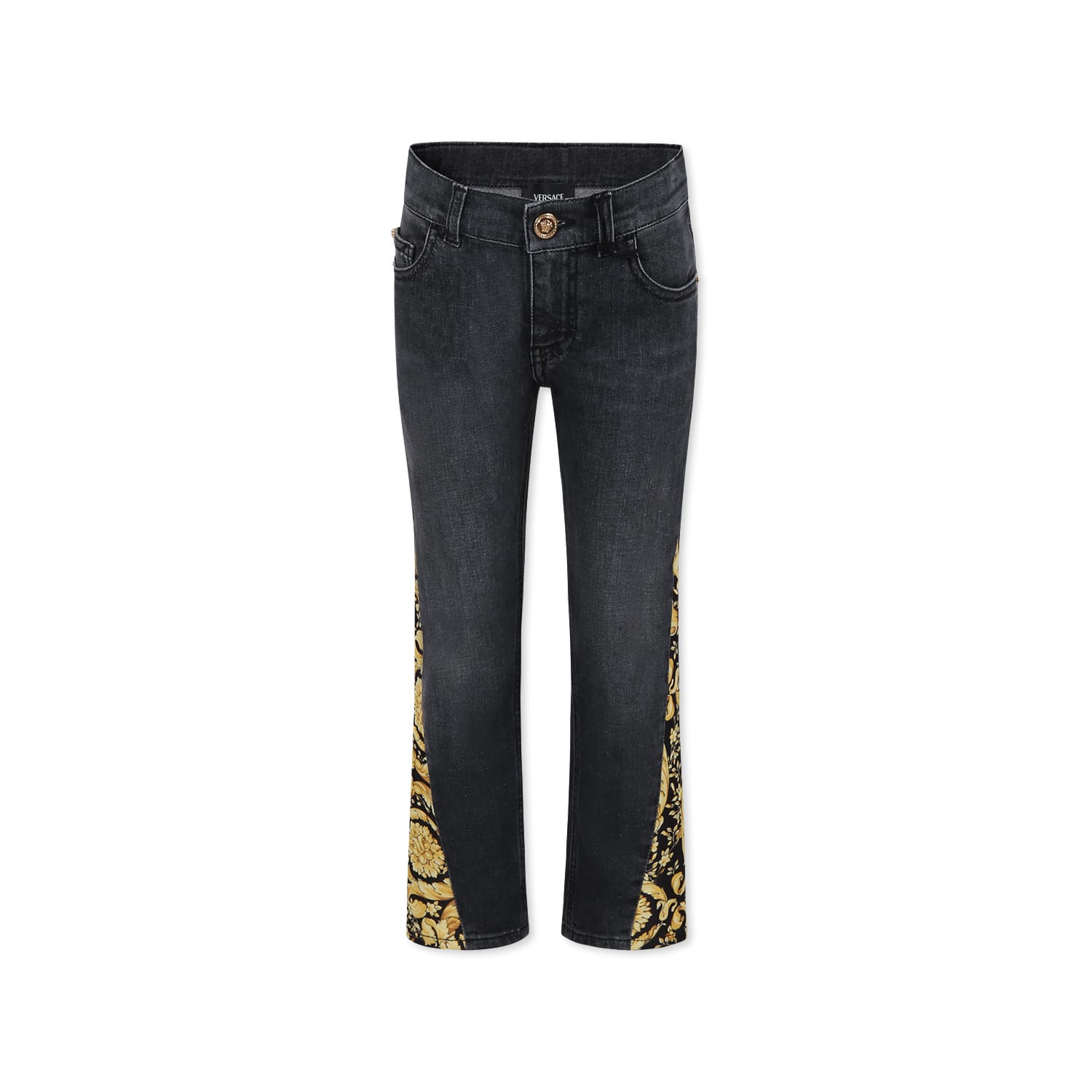 Versace Black Jeans For Kids With Baroque Print In Black