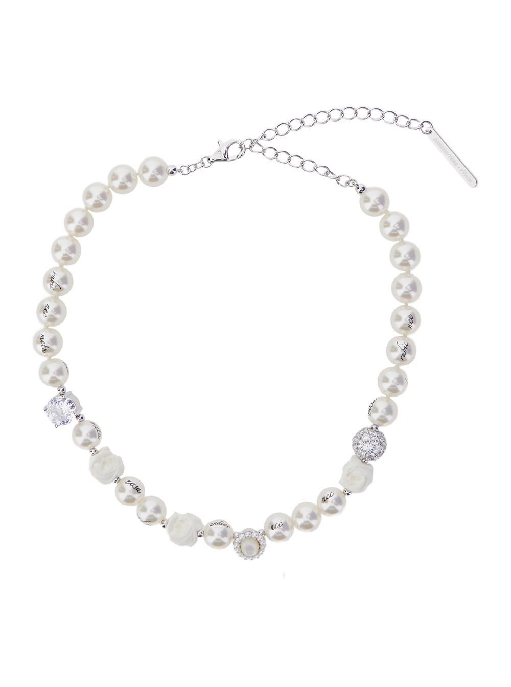 Shushu-tong Silver-colored Necklace With Beads Design And Rhinestone Decorations In Brass Woman In White